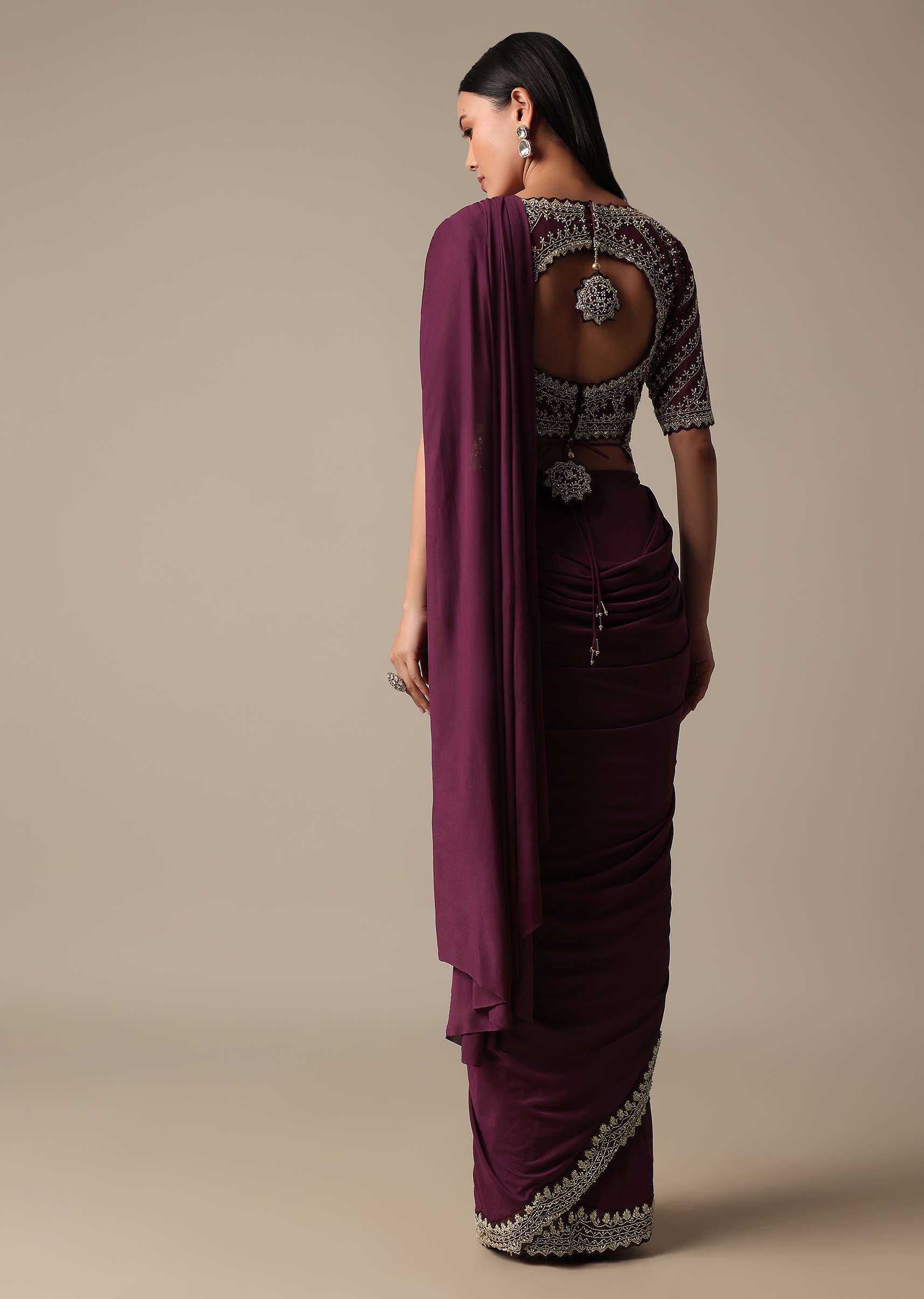 Wine Ready Pleated Saree With Embellished Blouse - Image 4