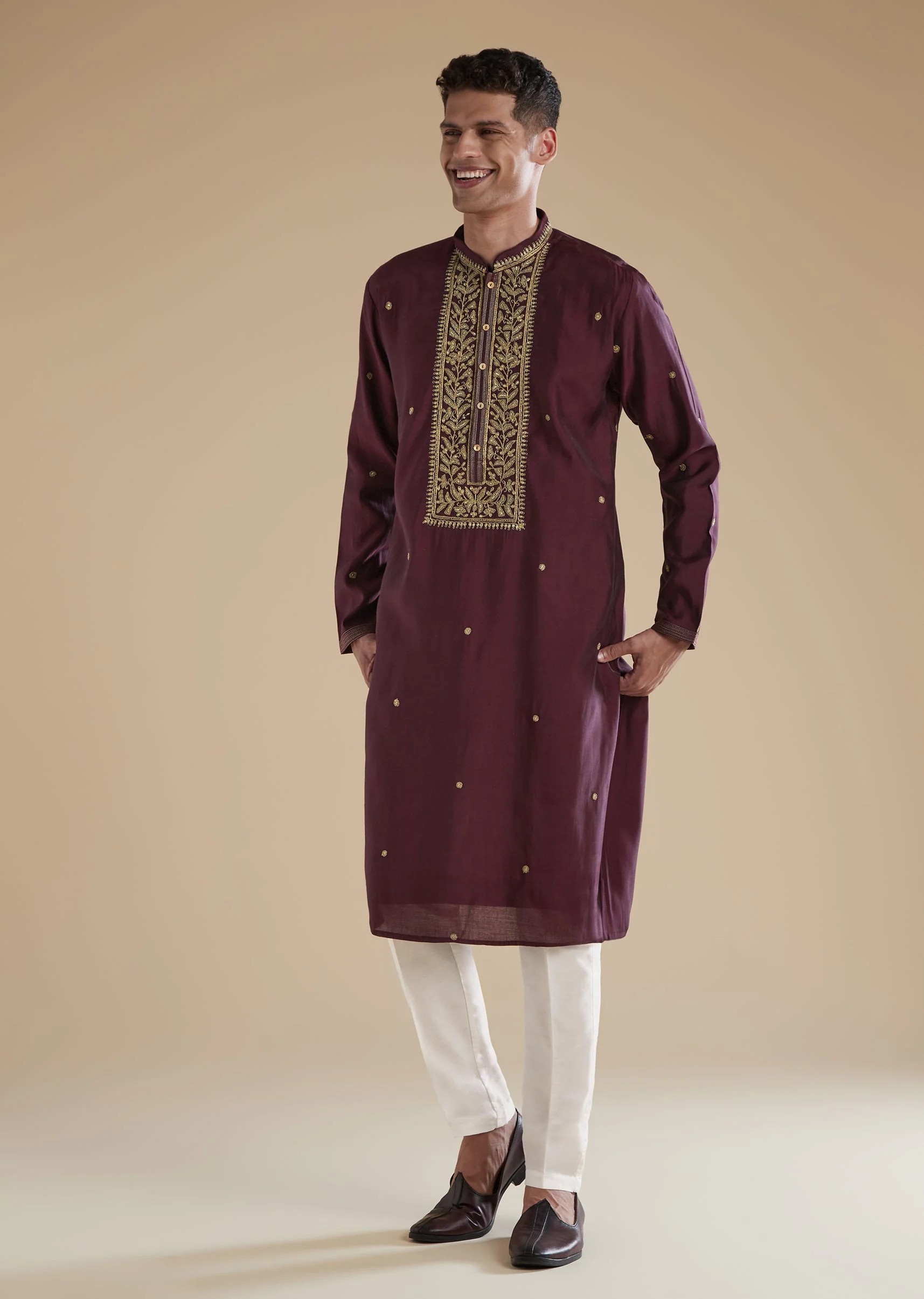 Wine Red Silk Kurta Set With Thread Resham Work