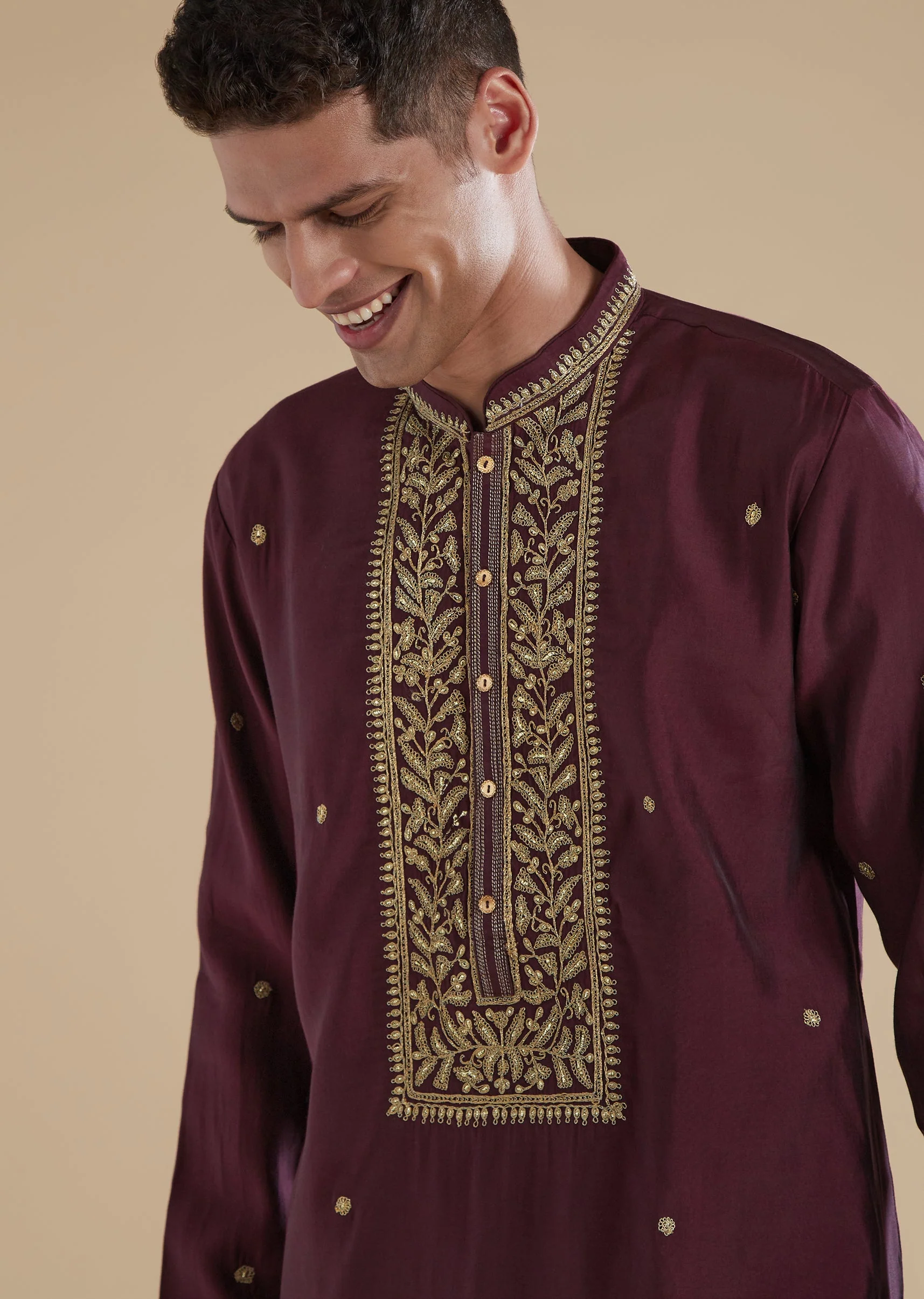 Wine Red Silk Kurta Set With Thread Resham Work - Image 2