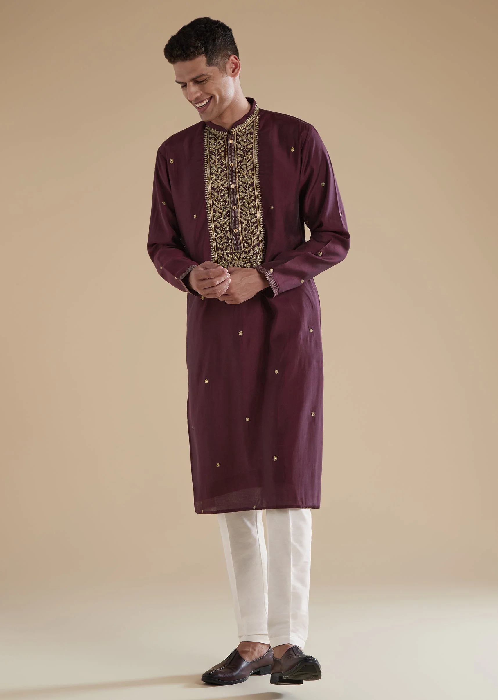 Wine Red Silk Kurta Set With Thread Resham Work - Image 3