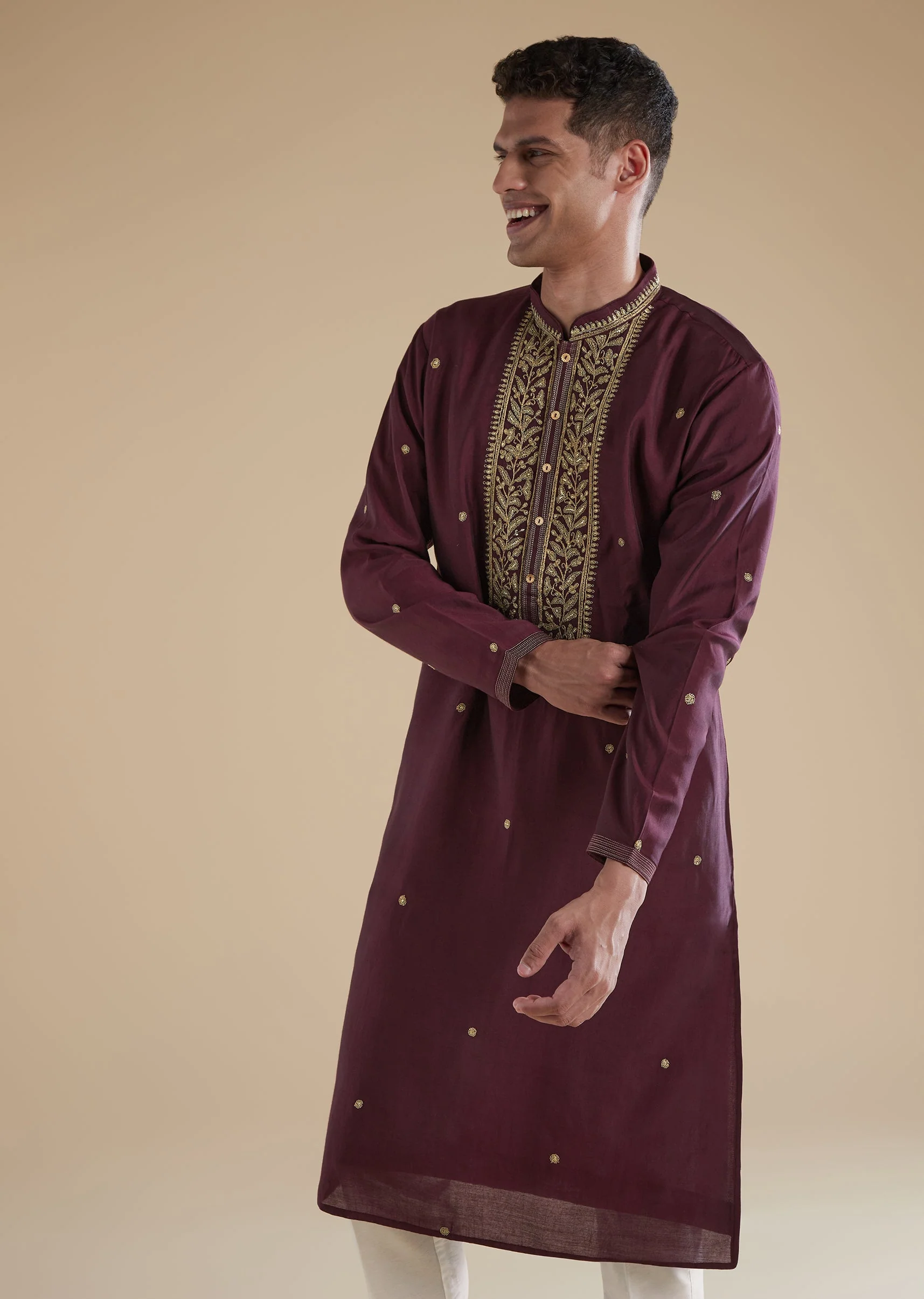 Wine Red Silk Kurta Set With Thread Resham Work - Image 4