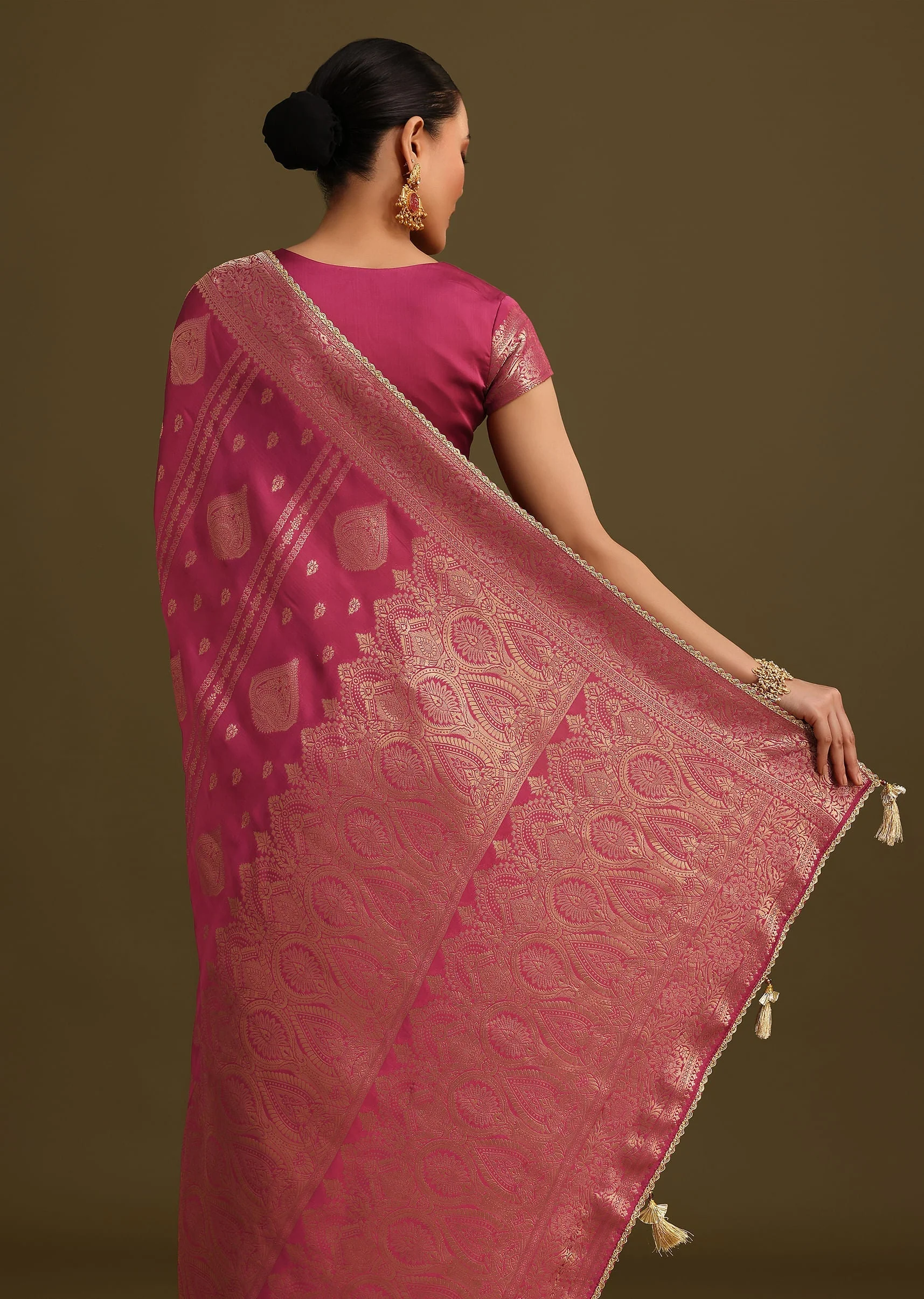 Wine Satin Brocade Zari Weave Saree - Image 6