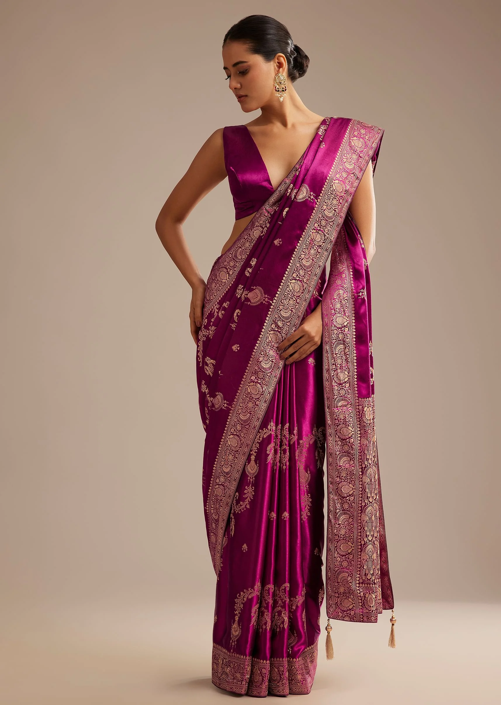 Wine Satin Saree With Zari Woven Work