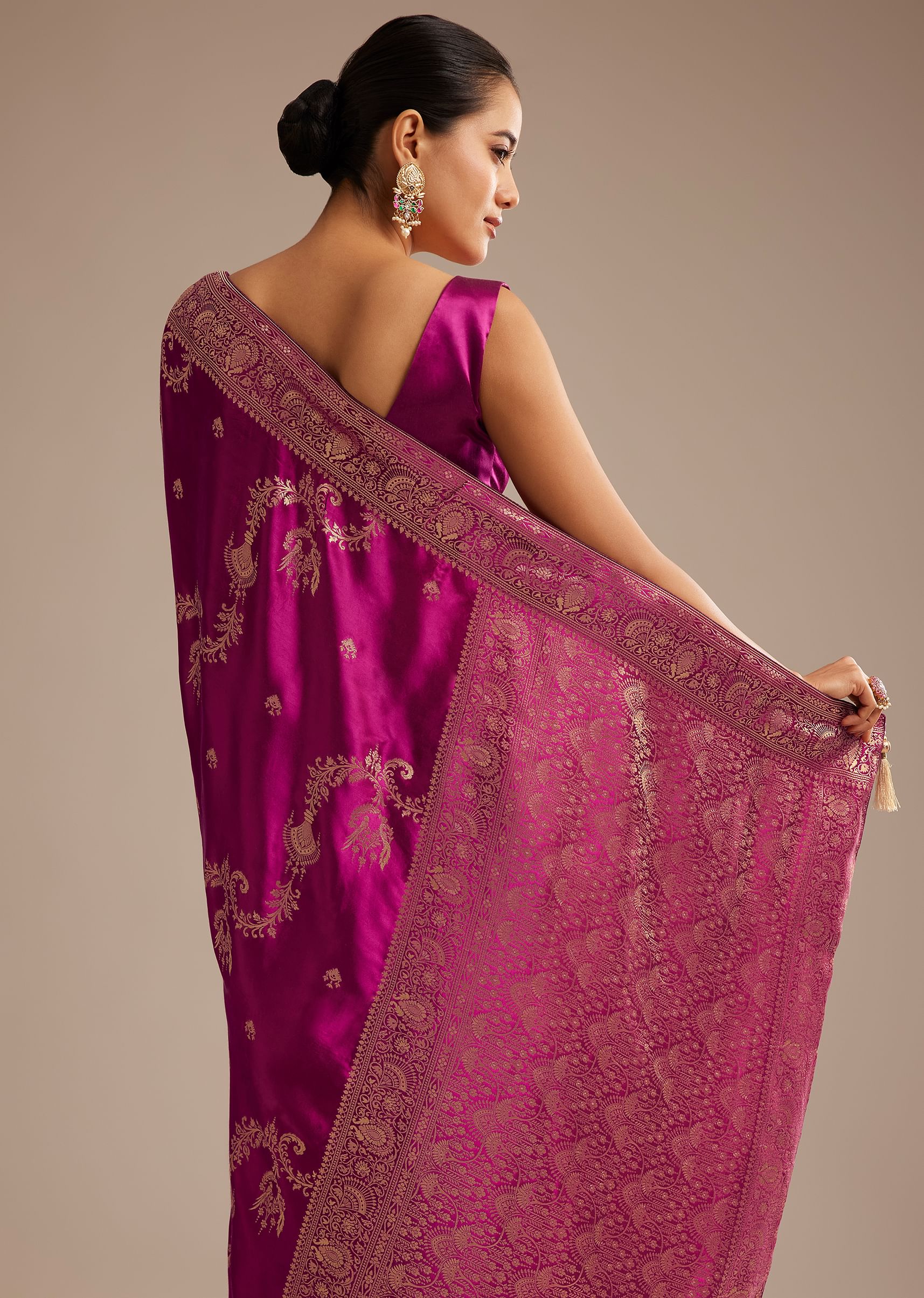 Wine Satin Saree With Zari Woven Work - Image 3