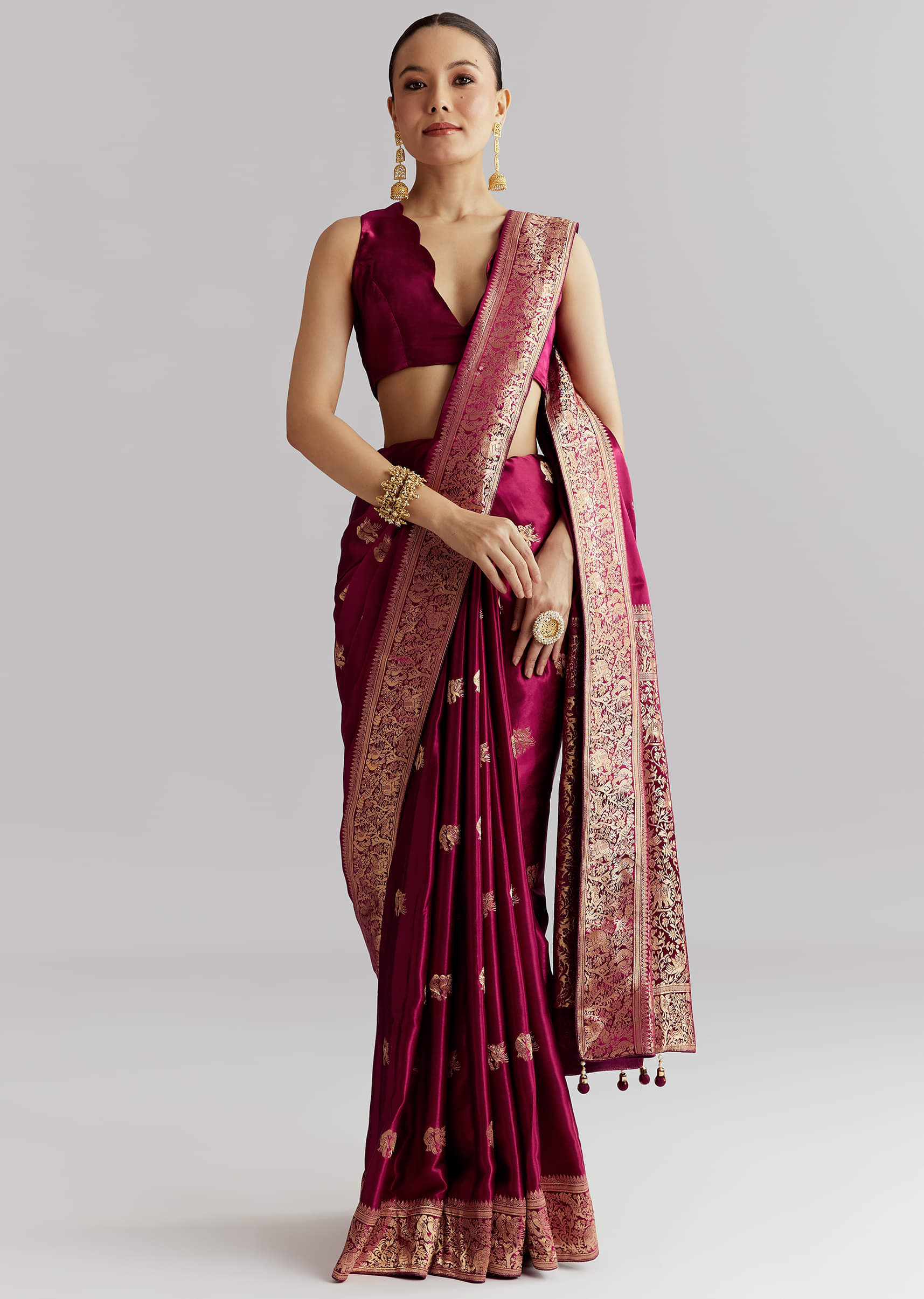 Wine Satin Silk Woven Saree With Heavy Zari Embroidery - Image 3