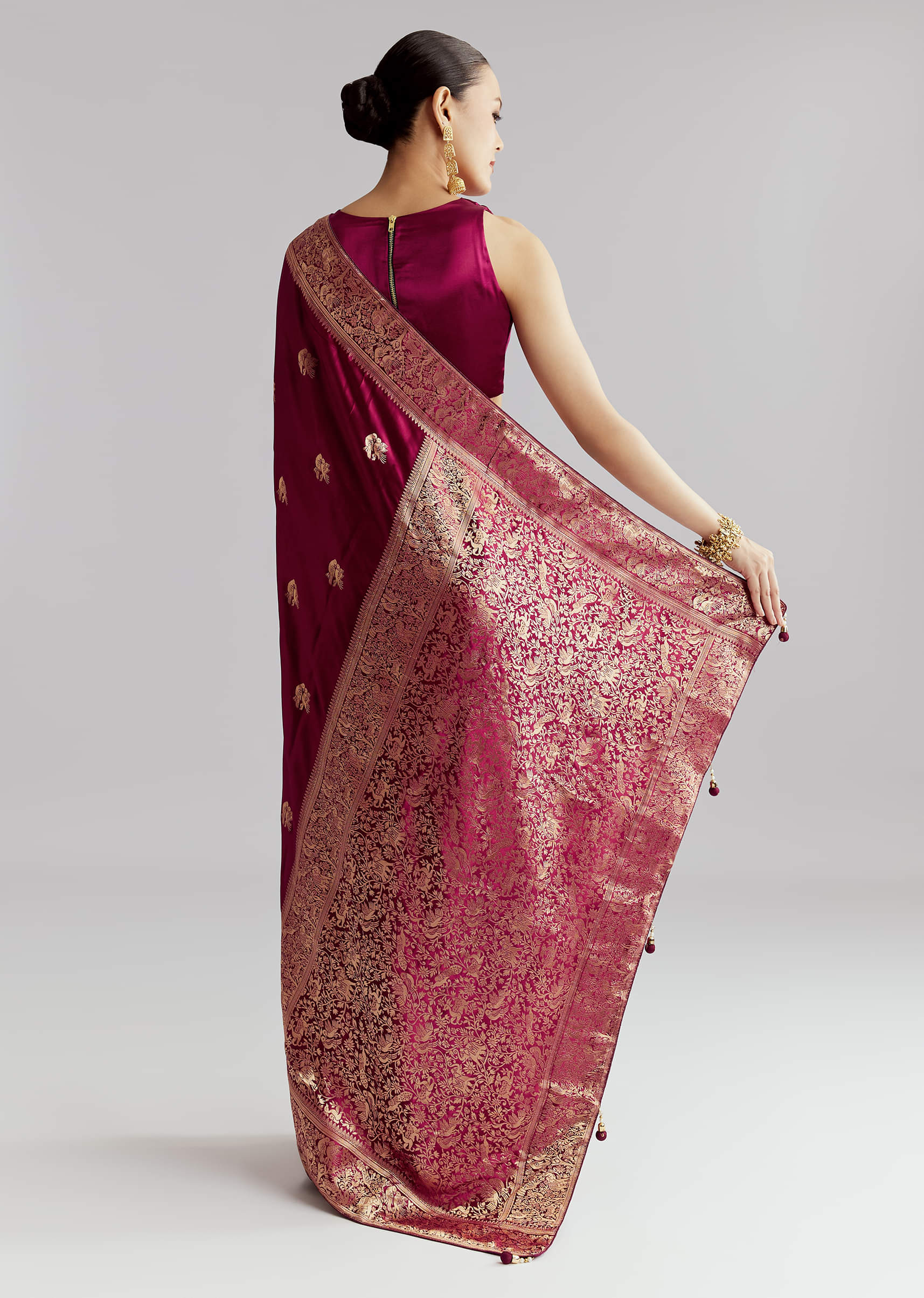 Wine Satin Silk Woven Saree With Heavy Zari Embroidery - Image 4