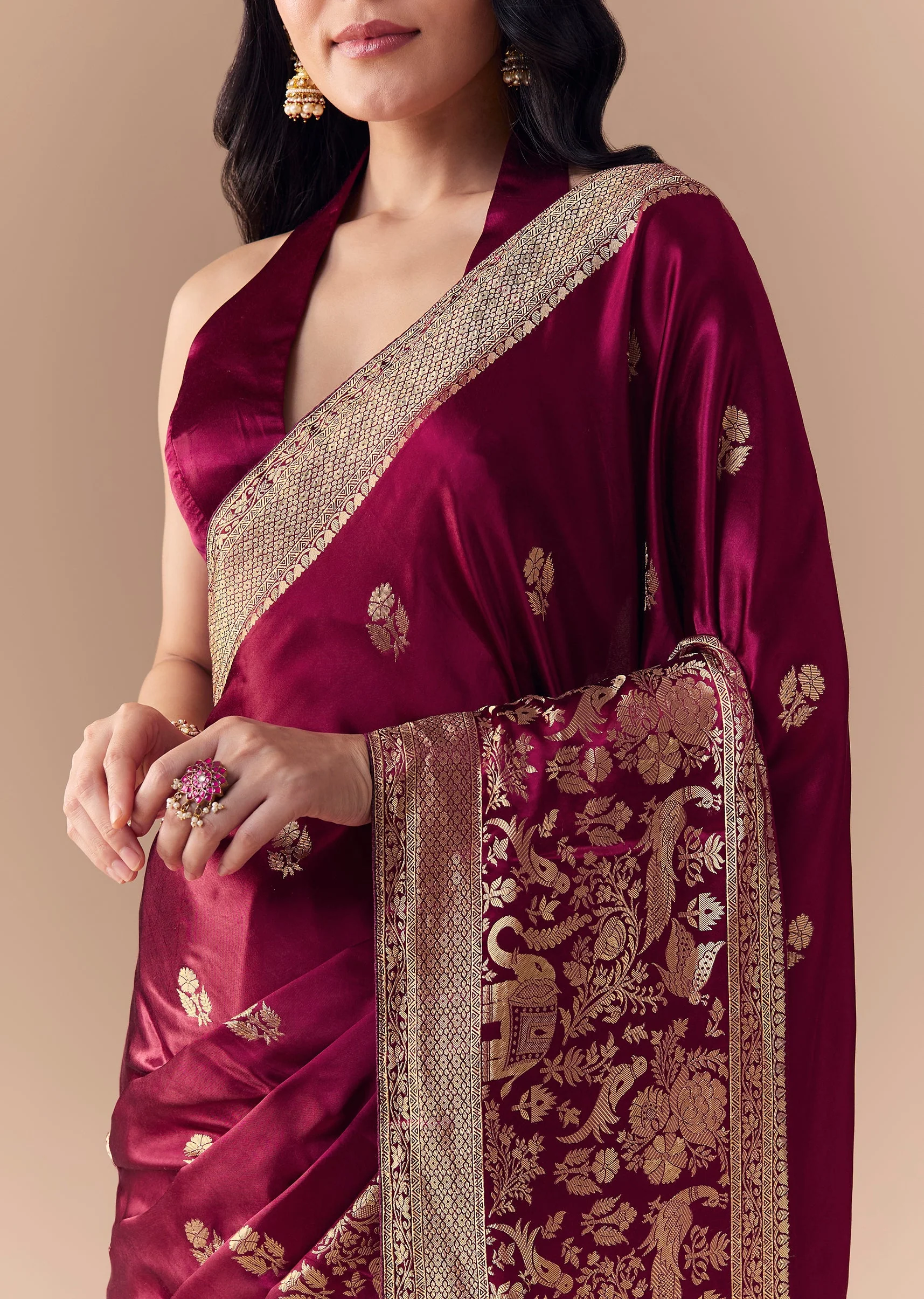 Wine Satin Woven Border Saree with Unstitched Blouse - Image 2