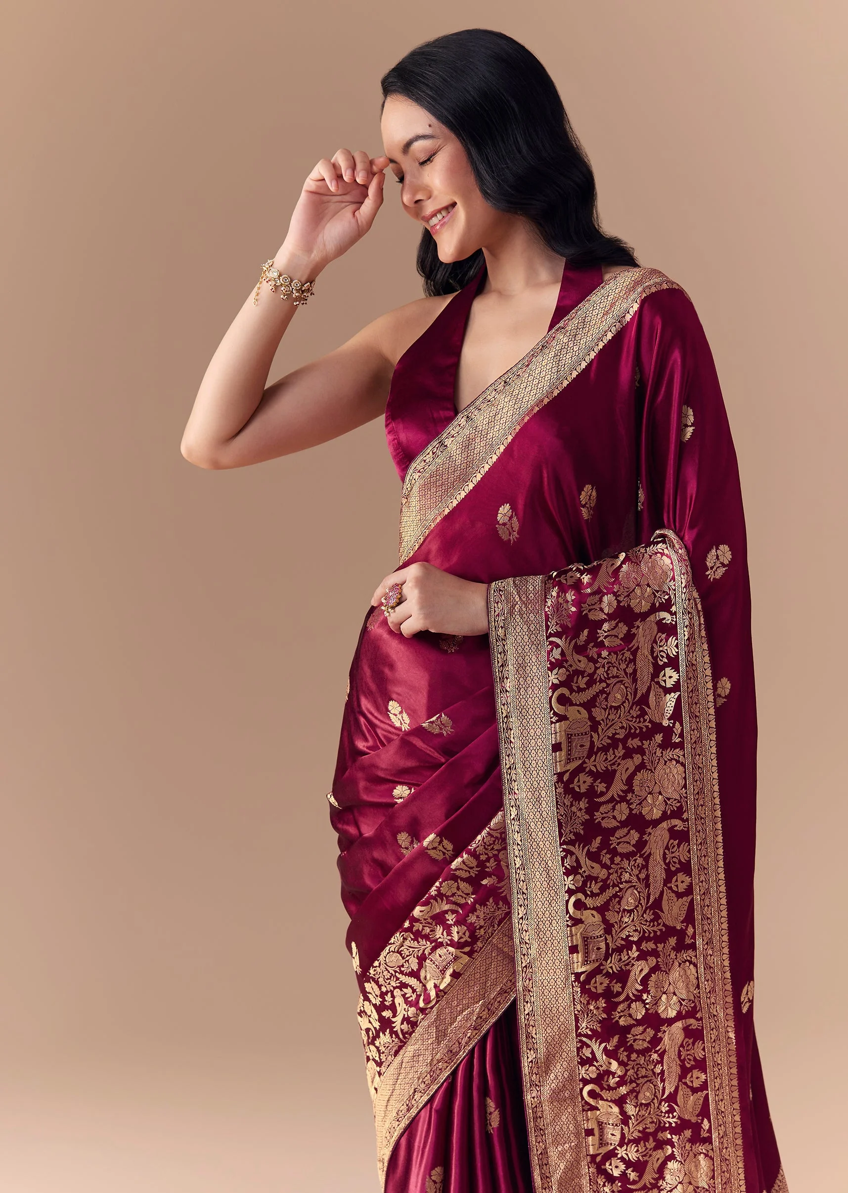 Wine Satin Woven Border Saree with Unstitched Blouse - Image 4
