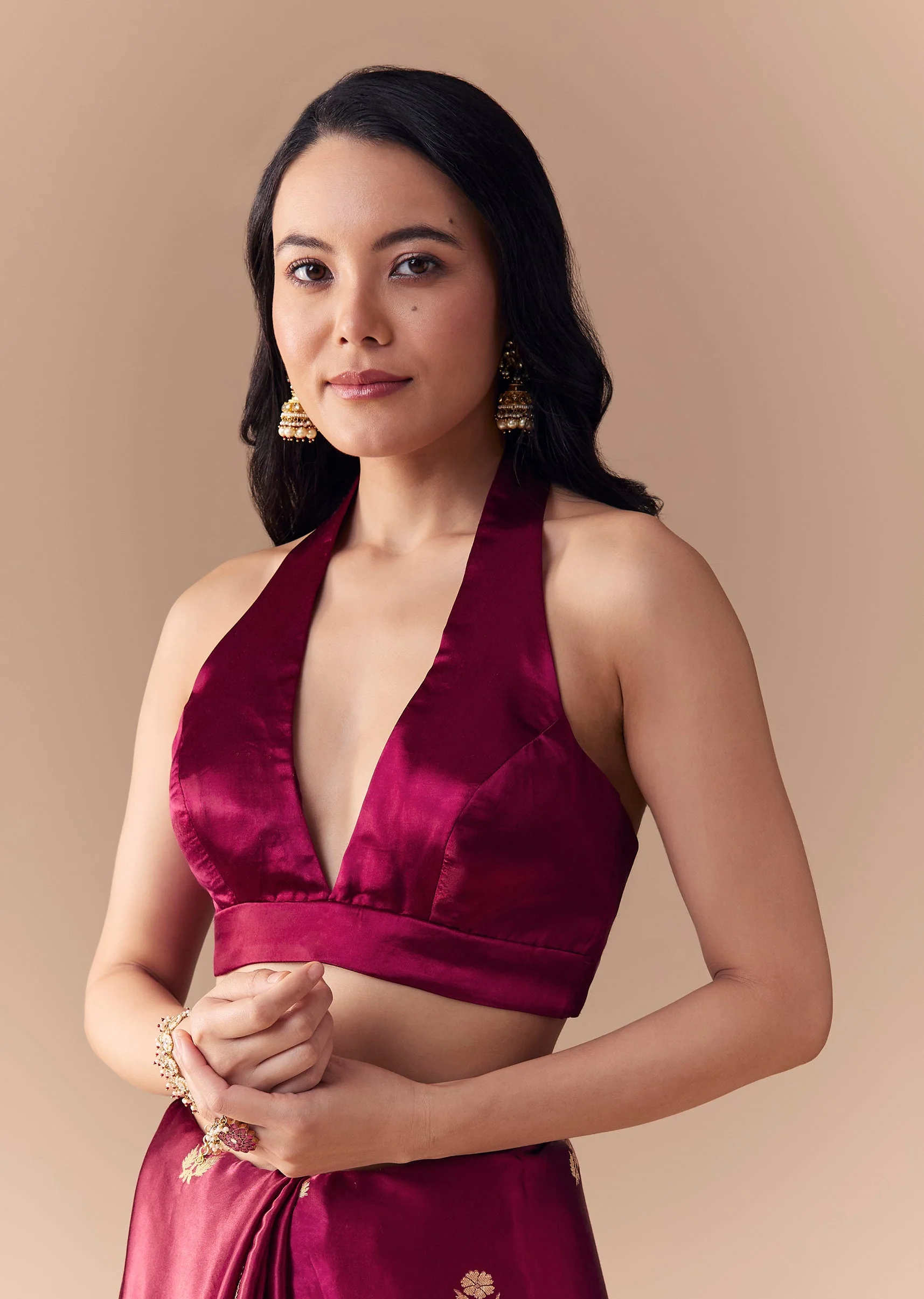 Wine Satin Woven Border Saree with Unstitched Blouse - Image 7
