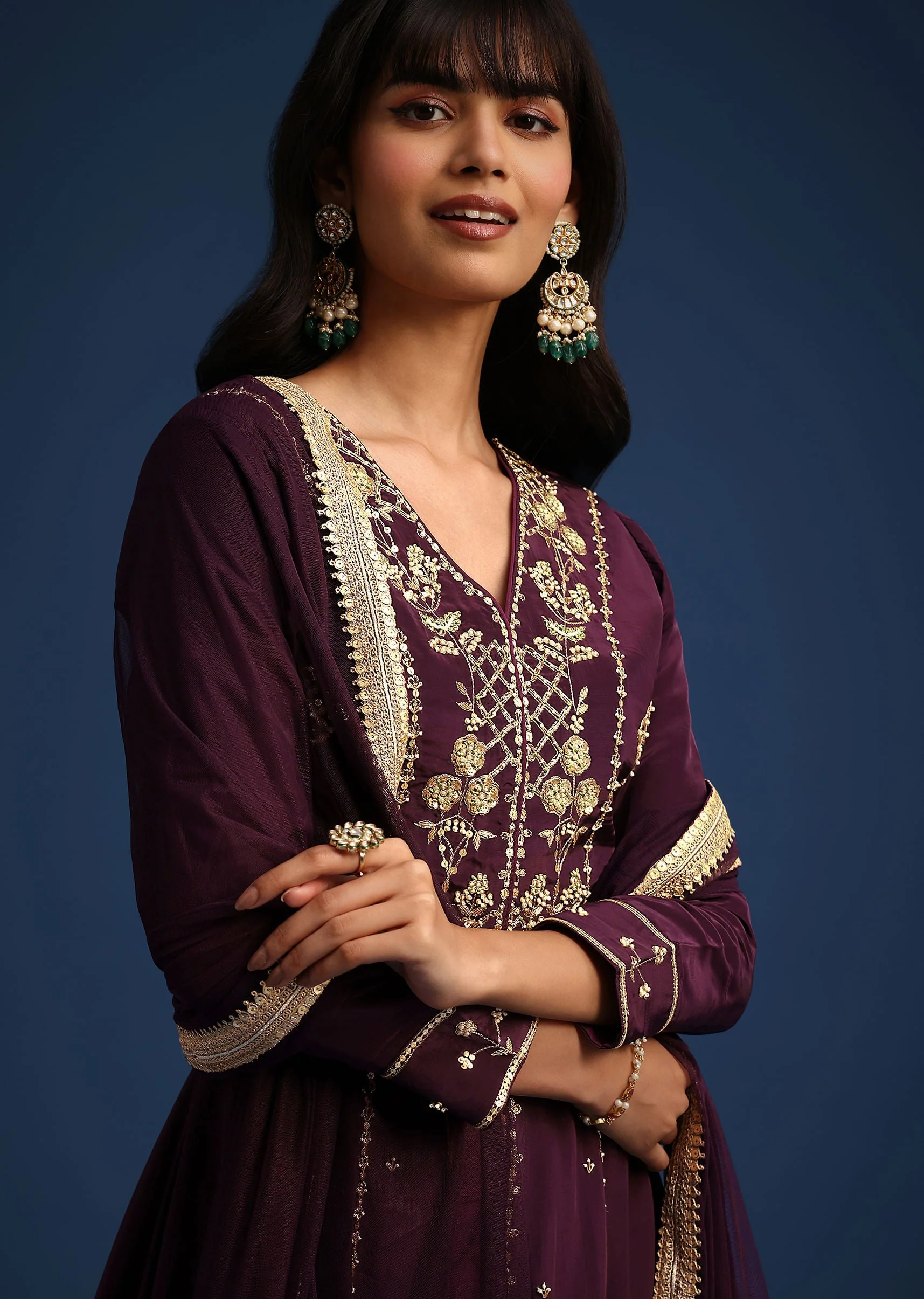 Wine Satin Zardozi Embroidered Anarkali And Palazzo Set - Image 2