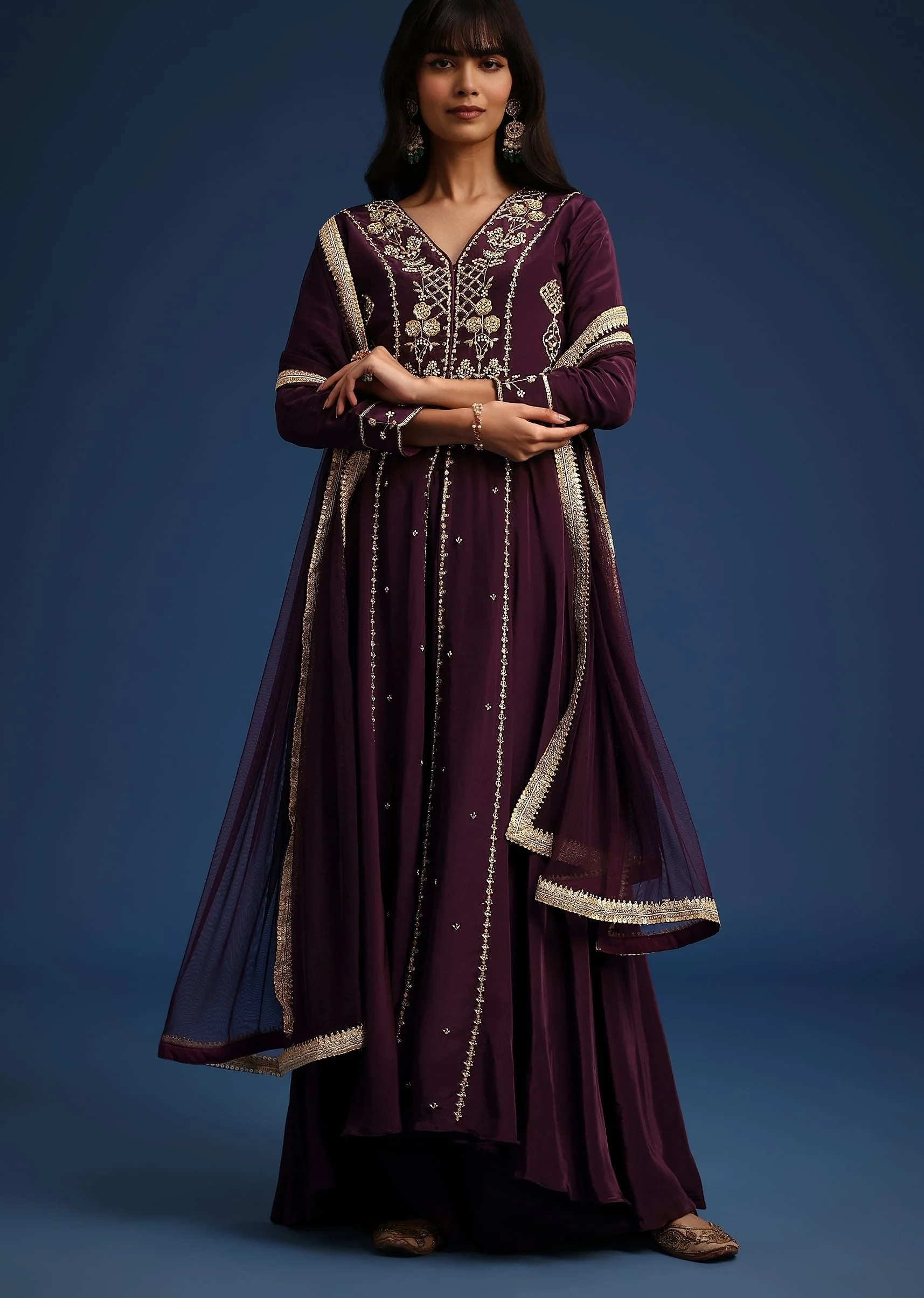 Wine Satin Zardozi Embroidered Anarkali And Palazzo Set - Image 3