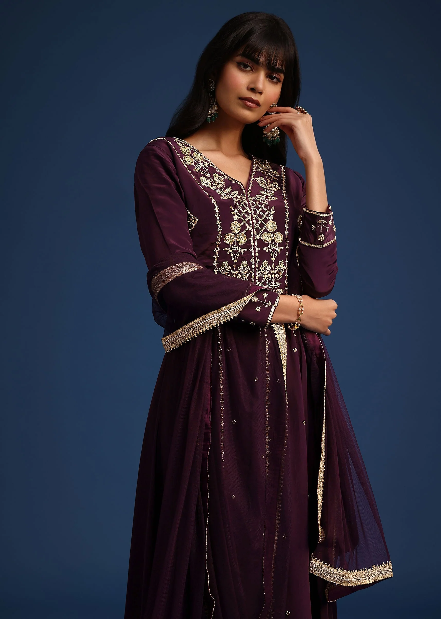 Wine Satin Zardozi Embroidered Anarkali And Palazzo Set - Image 4