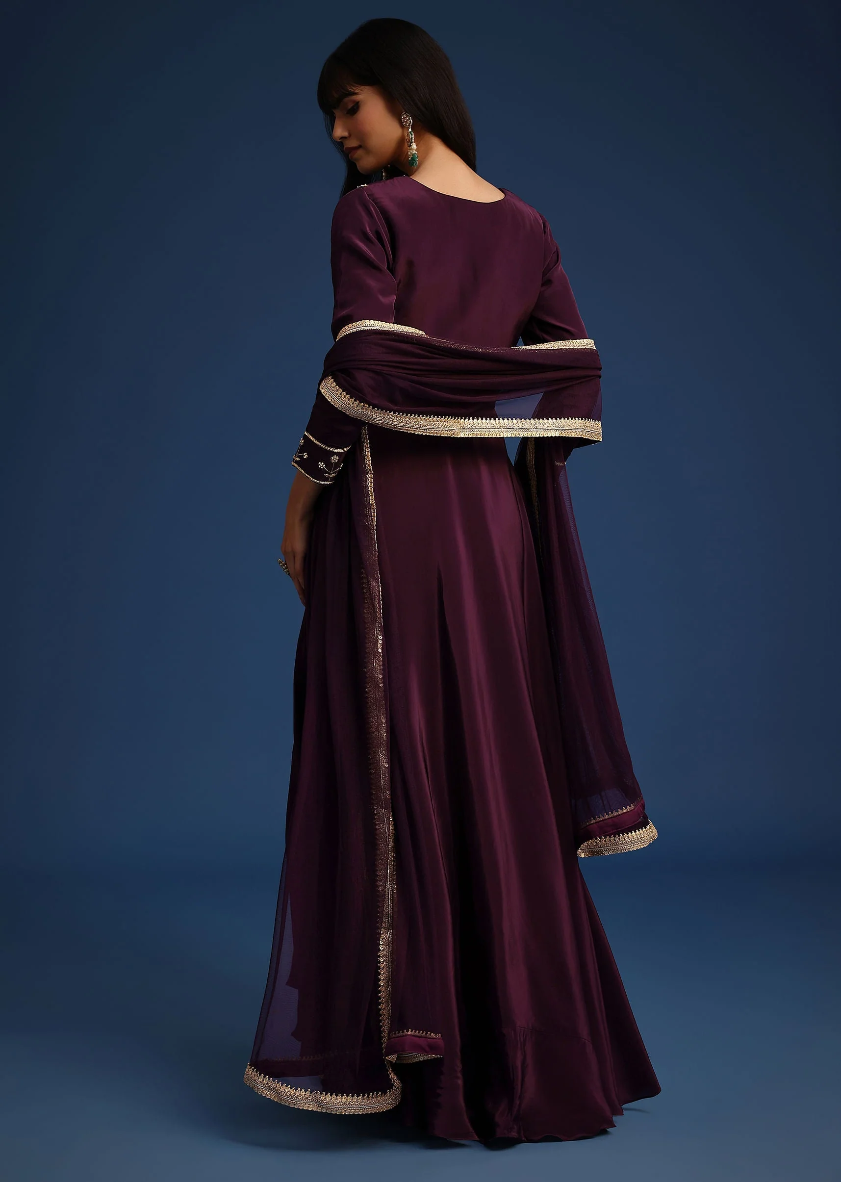 Wine Satin Zardozi Embroidered Anarkali And Palazzo Set - Image 5