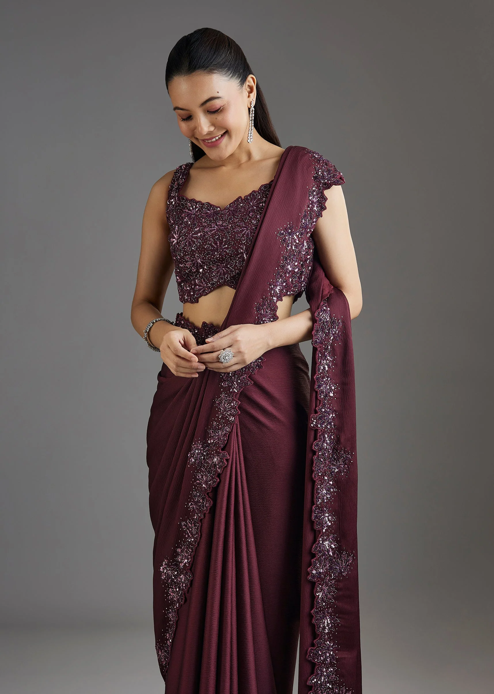 Wine Sequins Embellished Chiffon Saree With Sleeveless Blouse - Image 5