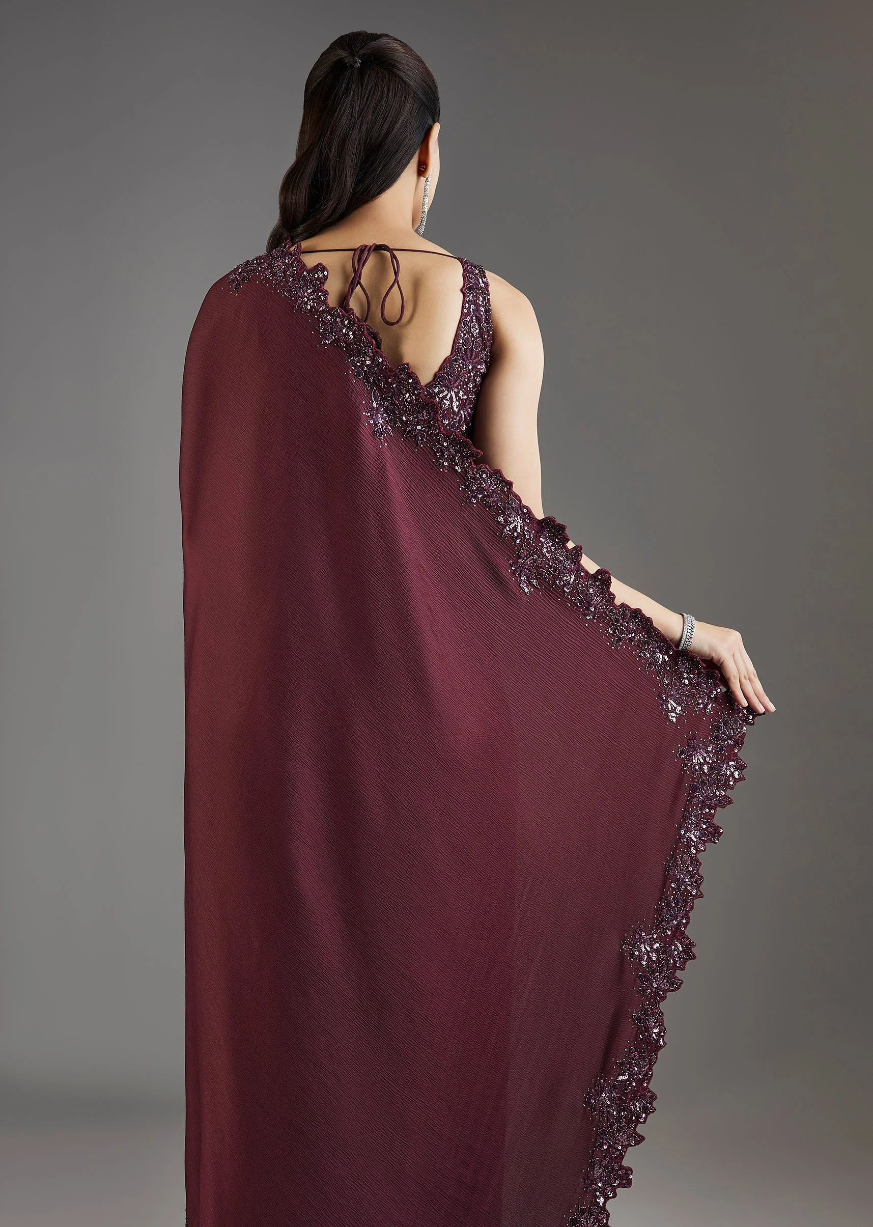 Wine Sequins Embellished Chiffon Saree With Sleeveless Blouse - Image 6