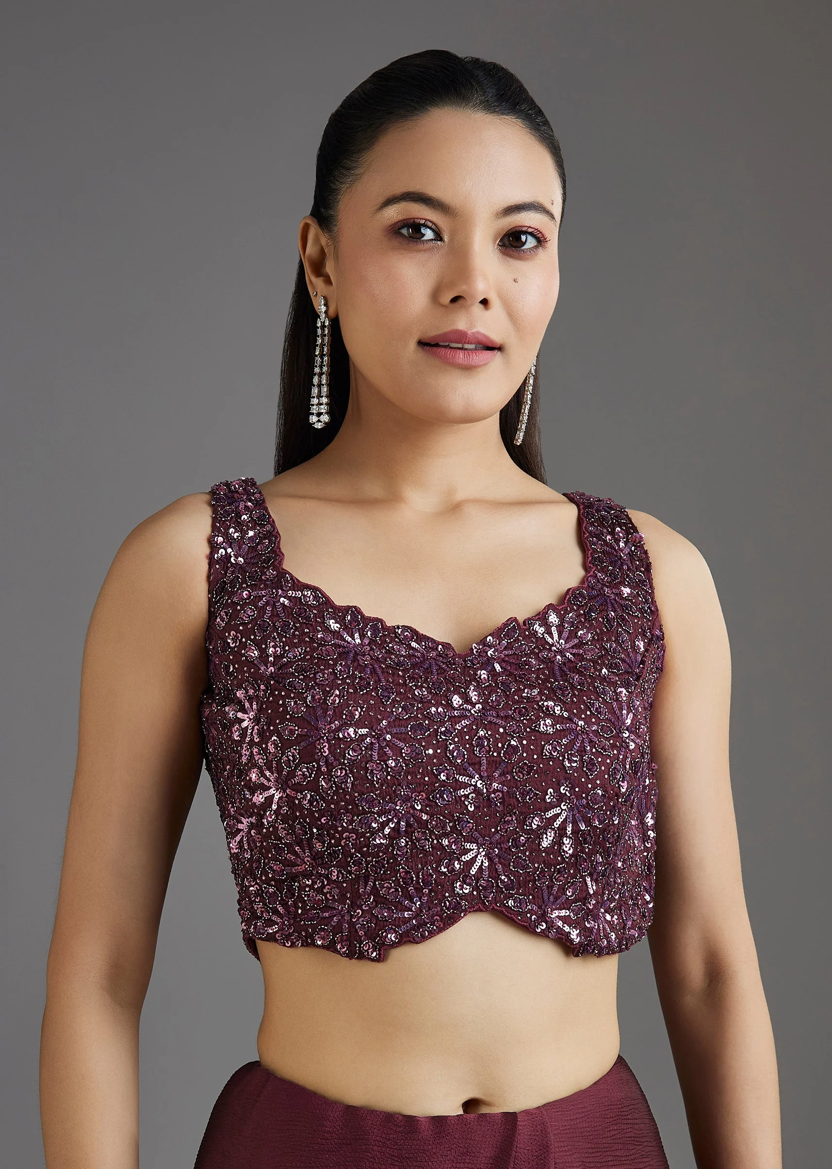 Wine Sequins Embellished Chiffon Saree With Sleeveless Blouse - Image 7