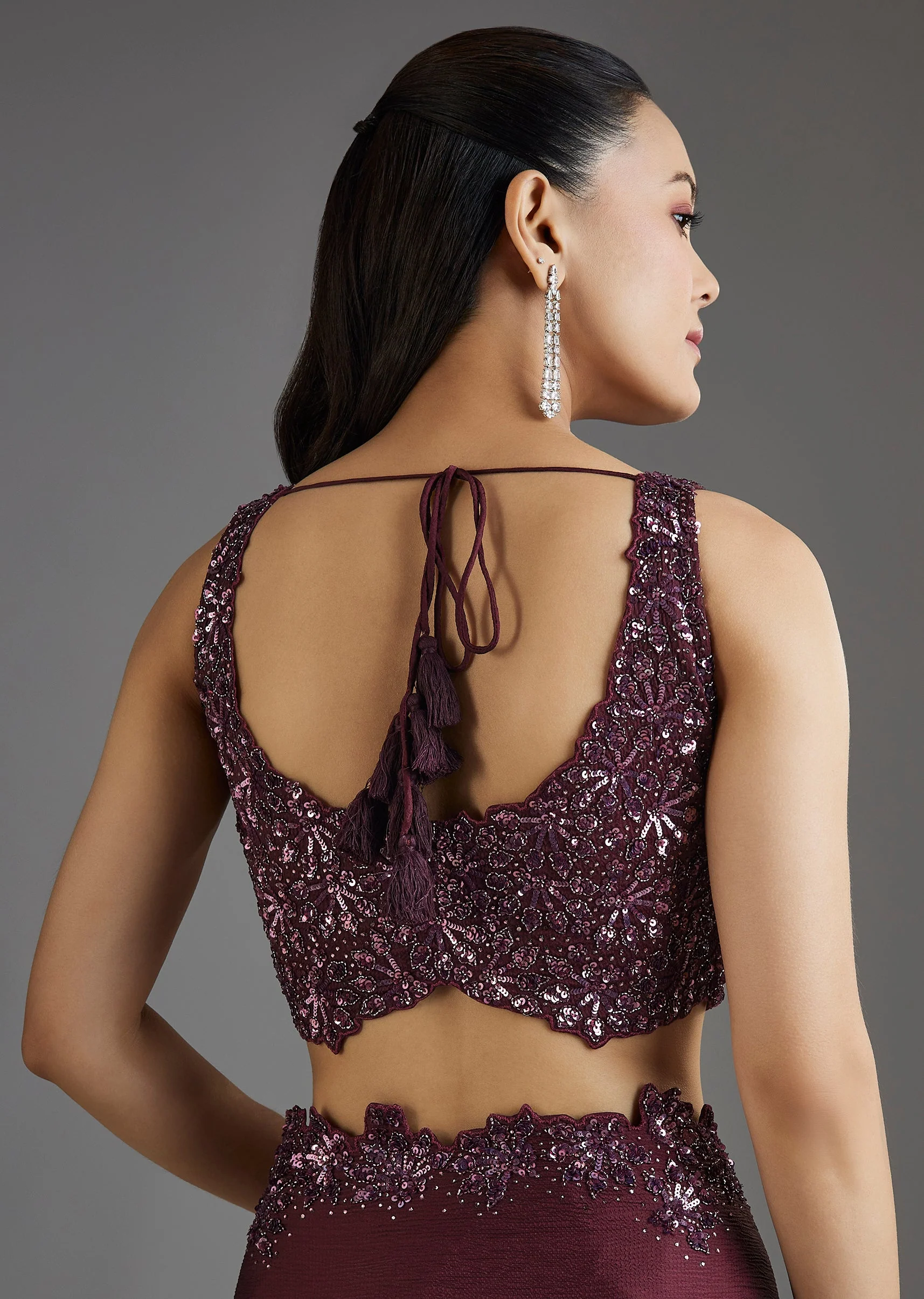 Wine Sequins Embellished Chiffon Saree With Sleeveless Blouse - Image 8