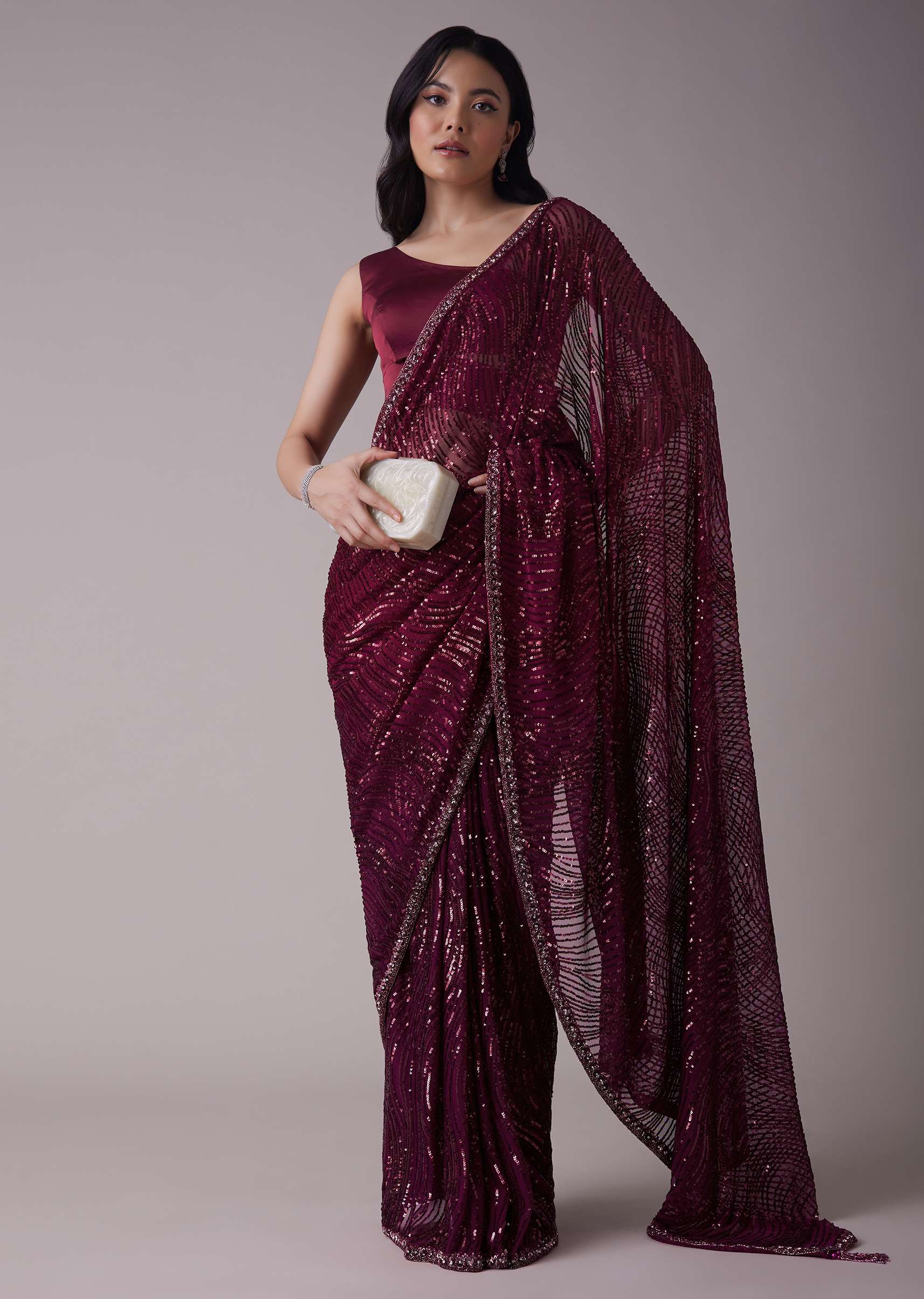 Wine Sequins Saree With An Embellished Border - Image 3