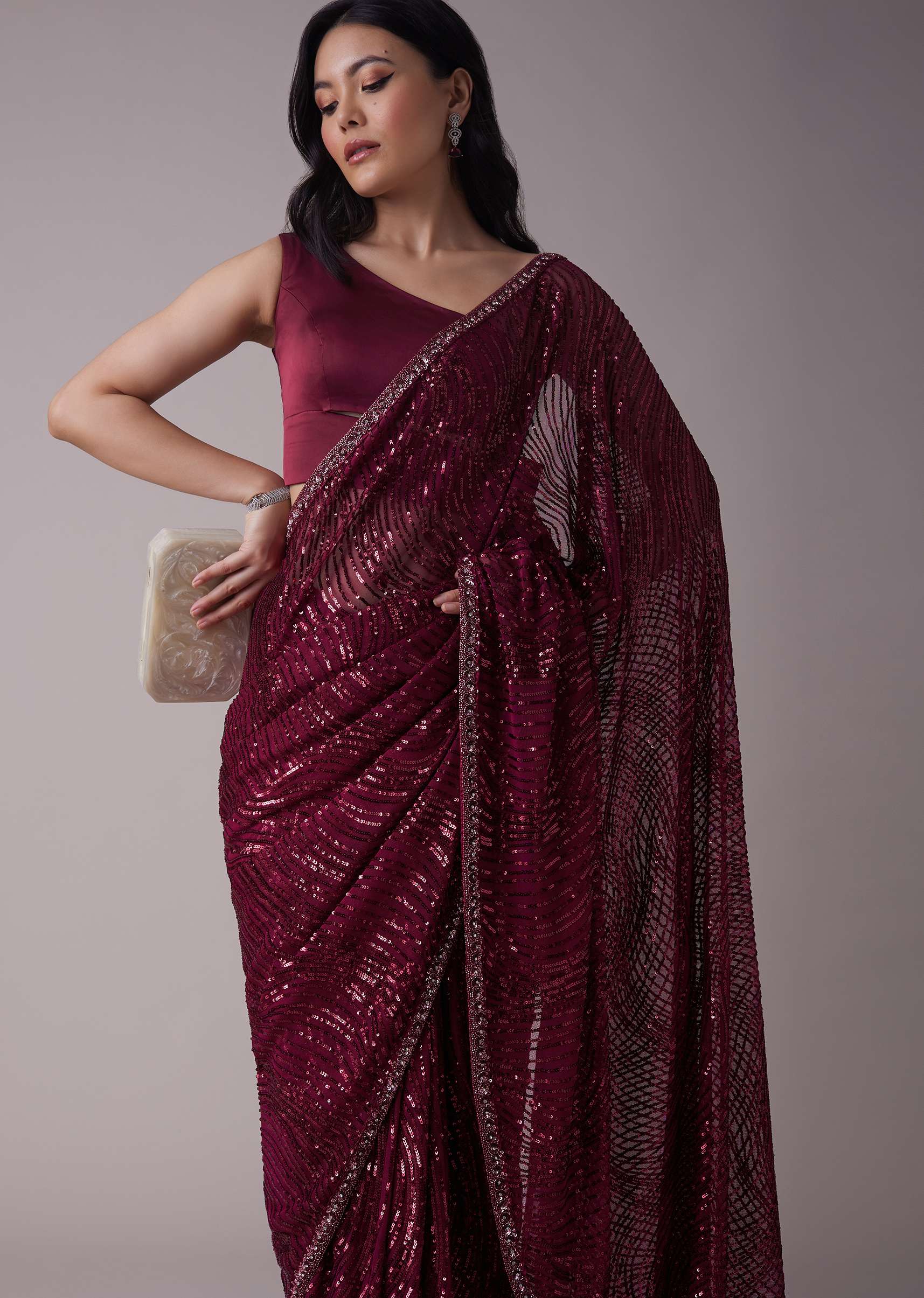 Wine Sequins Saree With An Embellished Border - Image 4