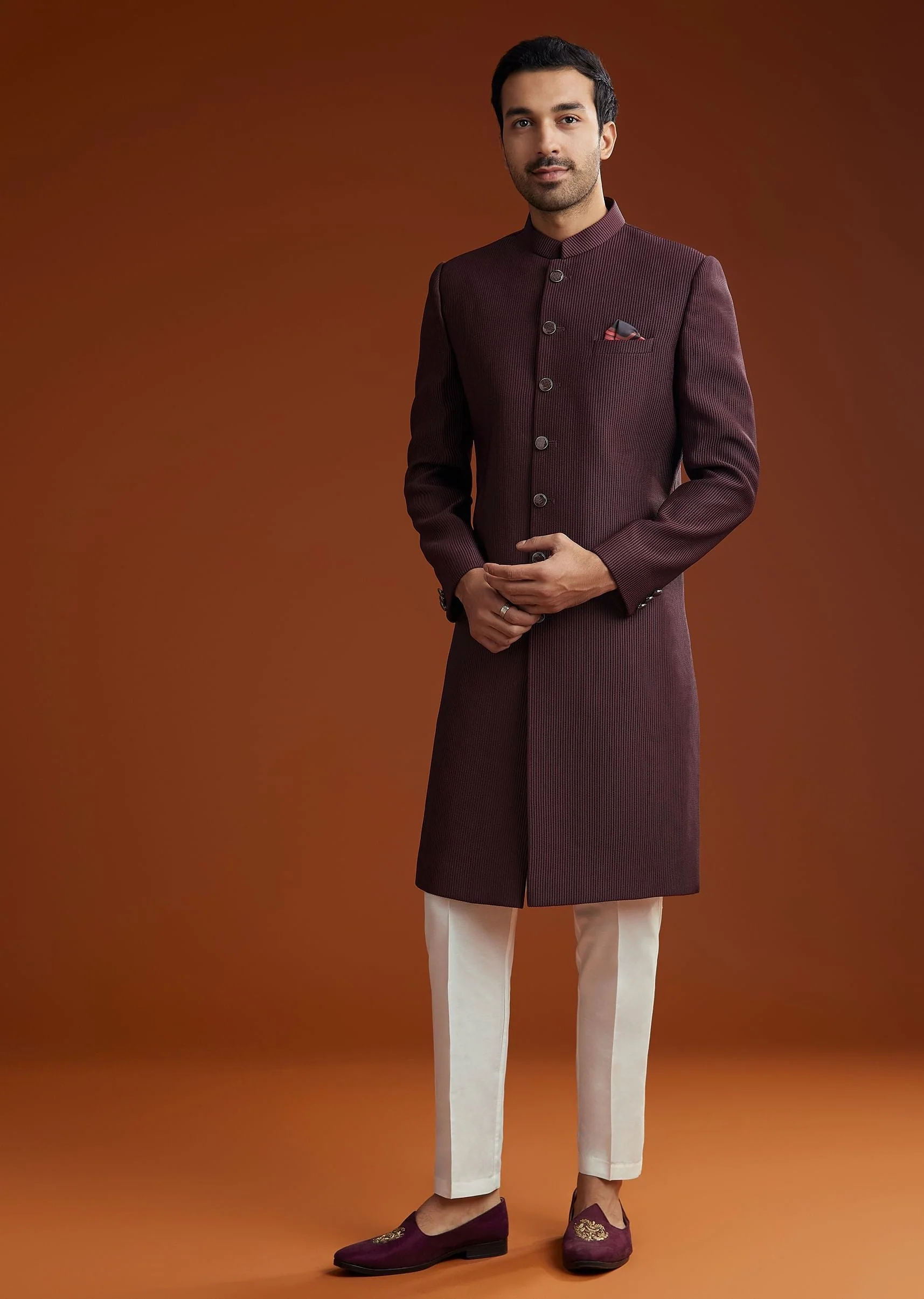Wine Sherwani Set With Minimalist Design - Image 3