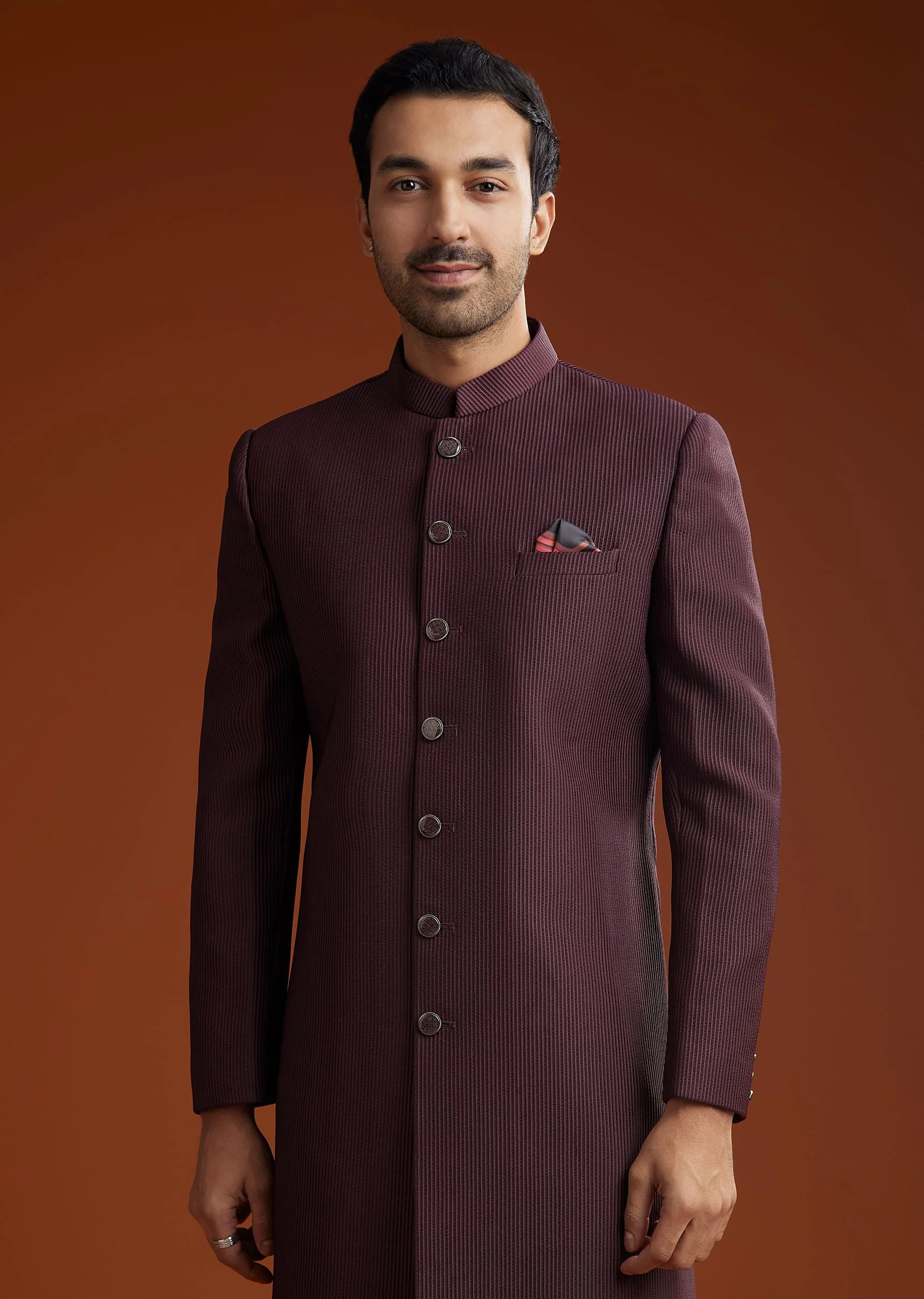 Wine Sherwani Set With Minimalist Design - Image 4