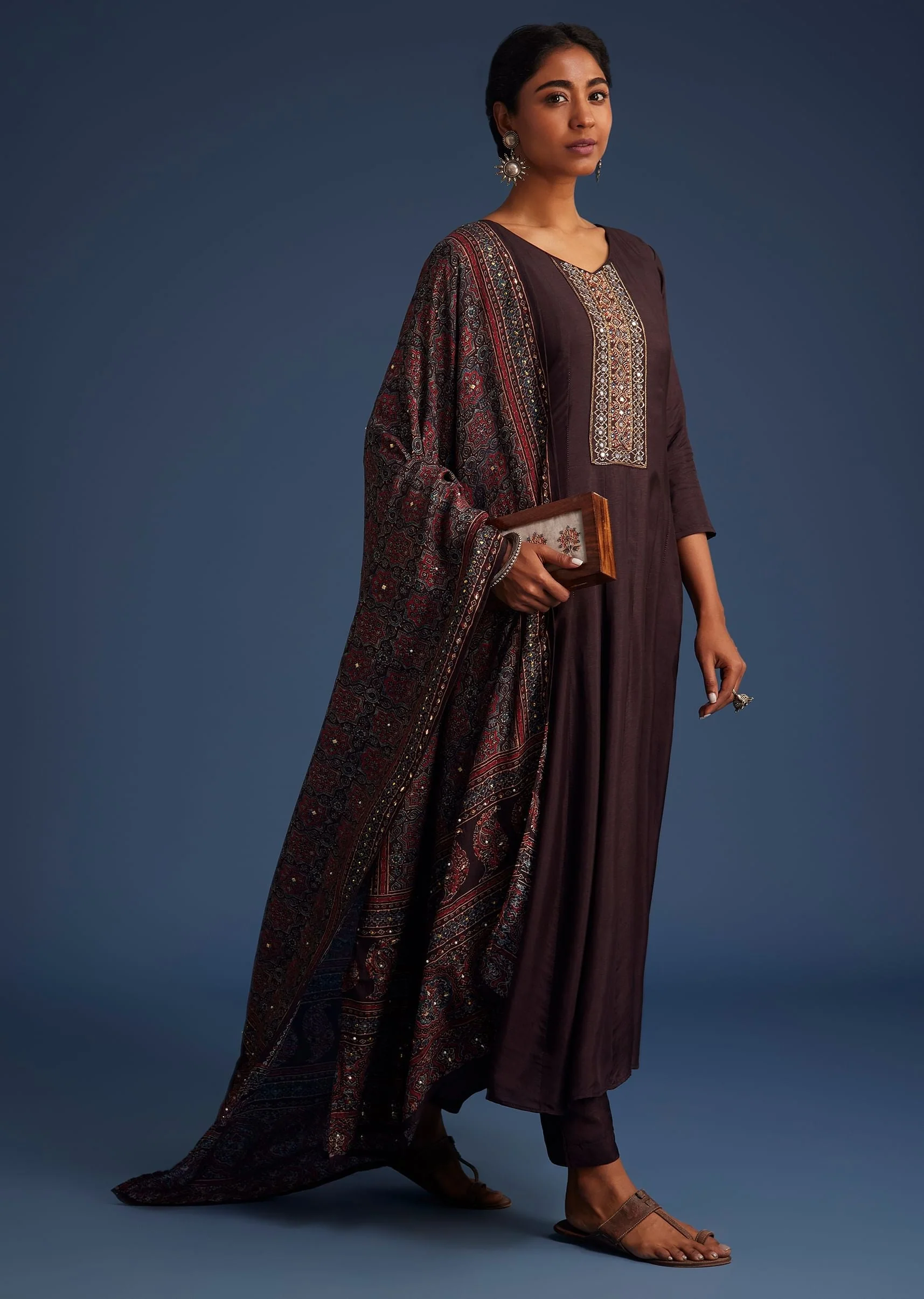 Wine Silk Anarkali Set With Ajrakh Print Dupatta - Image 3