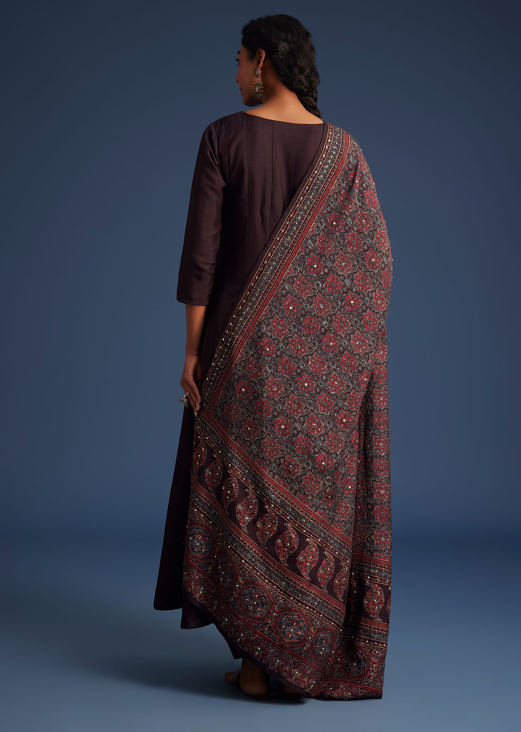 Wine Silk Anarkali Set With Ajrakh Print Dupatta - Image 5
