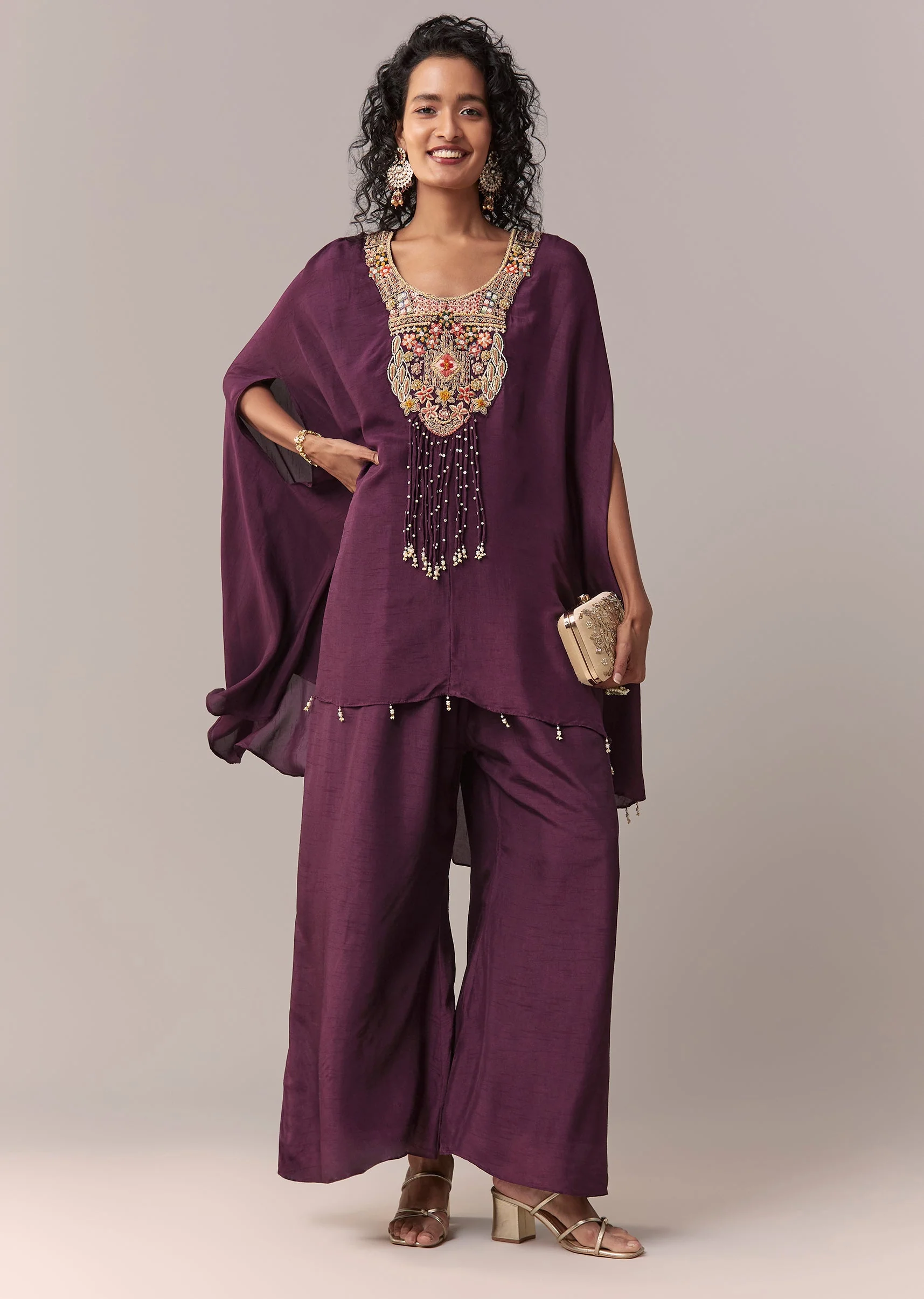 Wine Silk Cape Co-ord Set