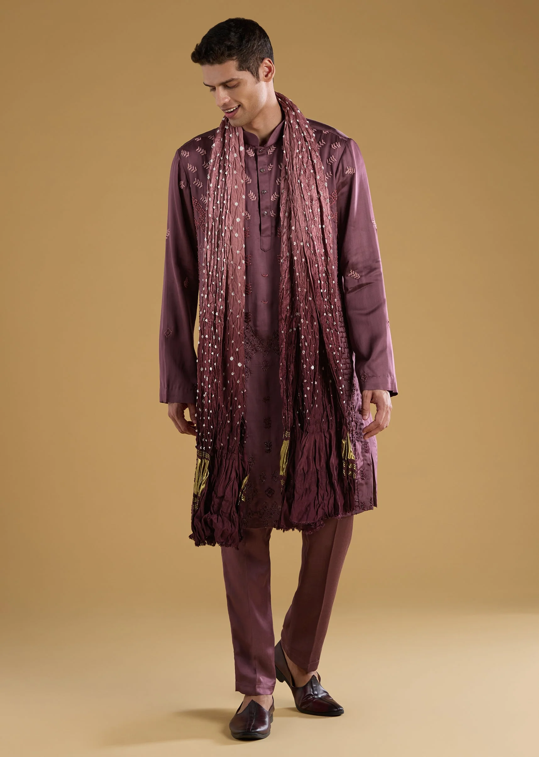 Wine Silk Embroidered Kurta Set with Dupatta - Image 3