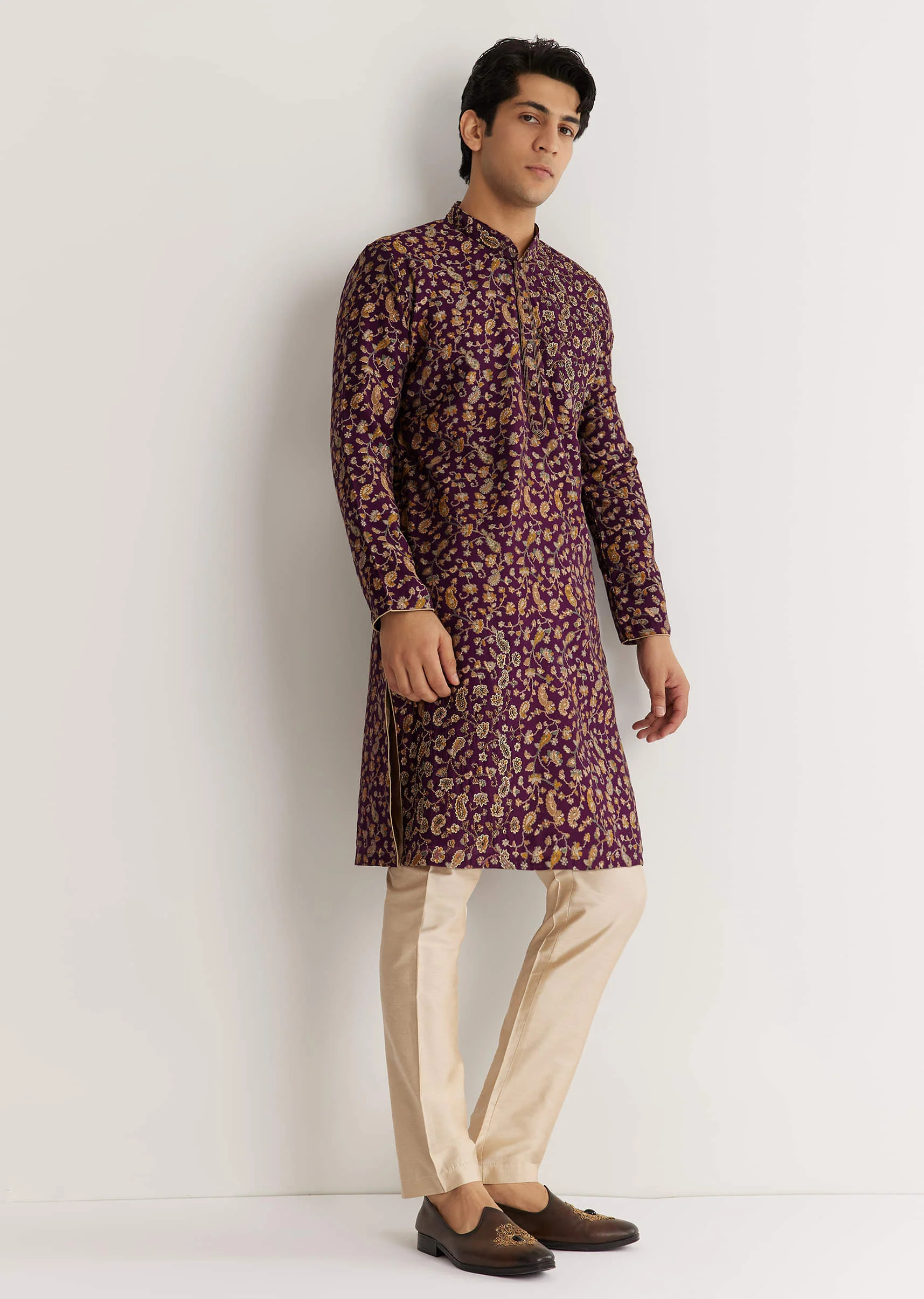 Wine Silk Floral Printed Kurta Set With Cutdana Work - Image 2