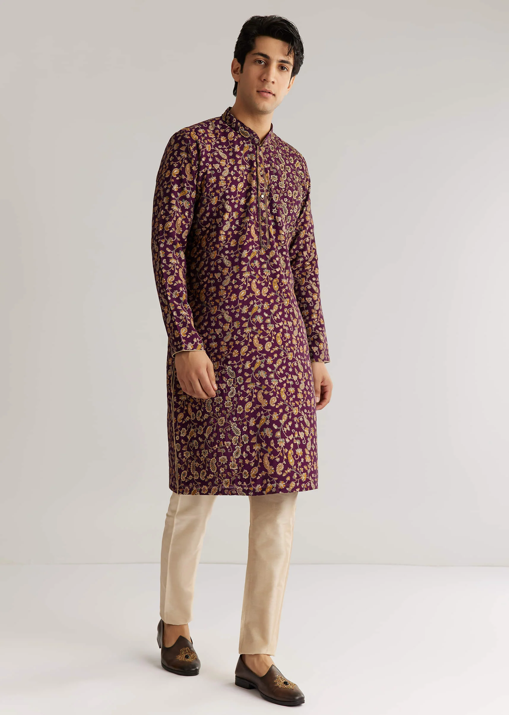 Wine Silk Floral Printed Kurta Set With Cutdana Work - Image 5