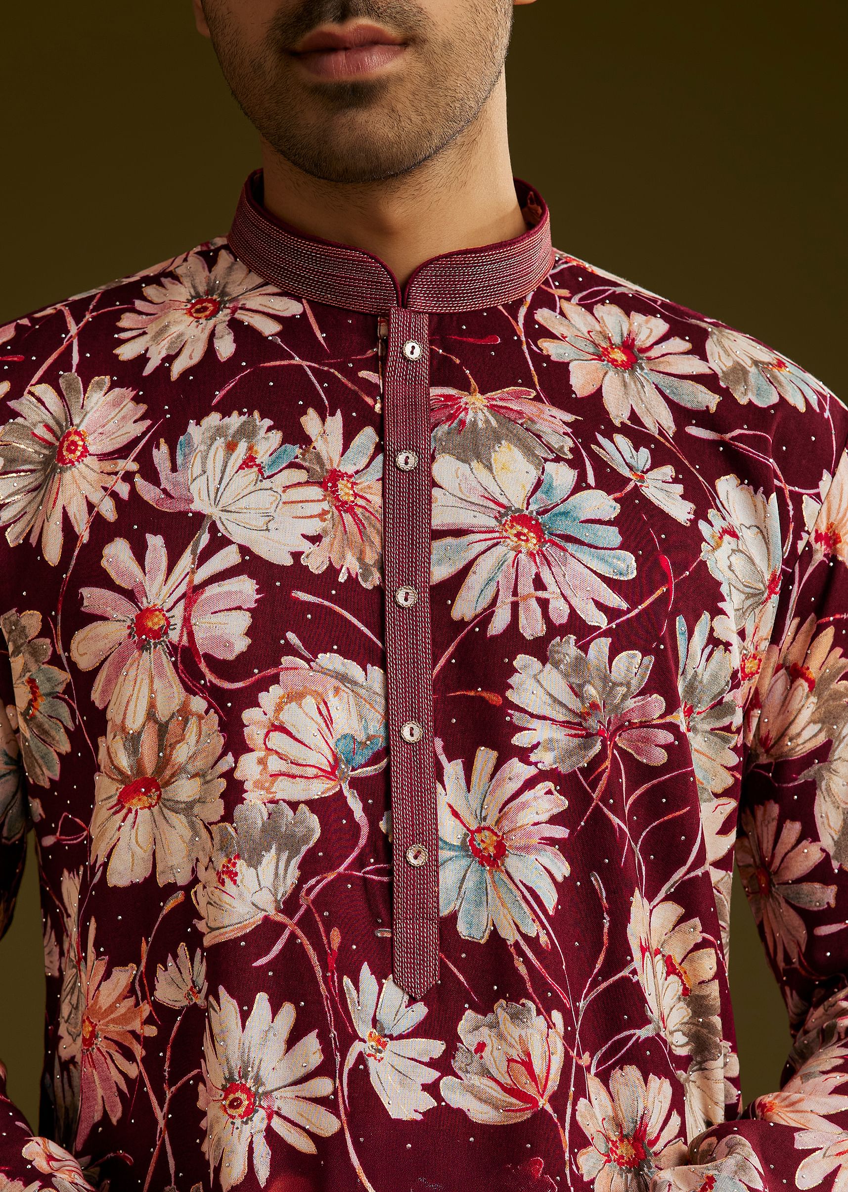 Wine Silk Floral Printed Kurta Set With Stone Work - Image 2