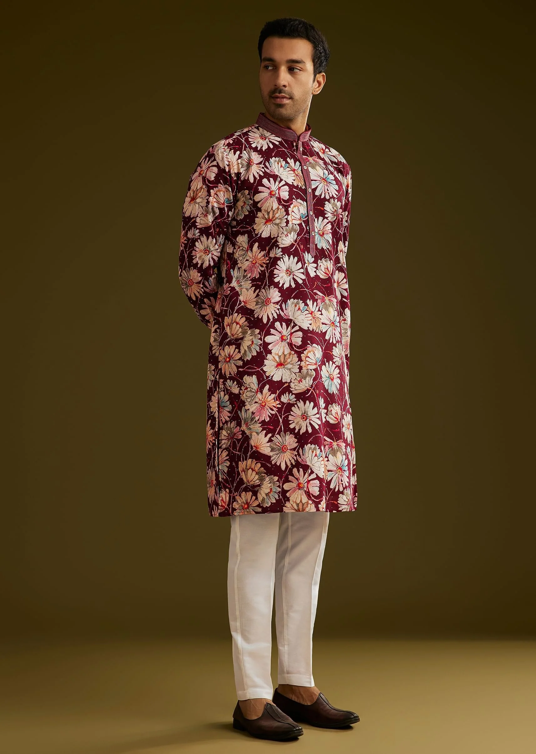 Wine Silk Floral Printed Kurta Set With Stone Work - Image 3