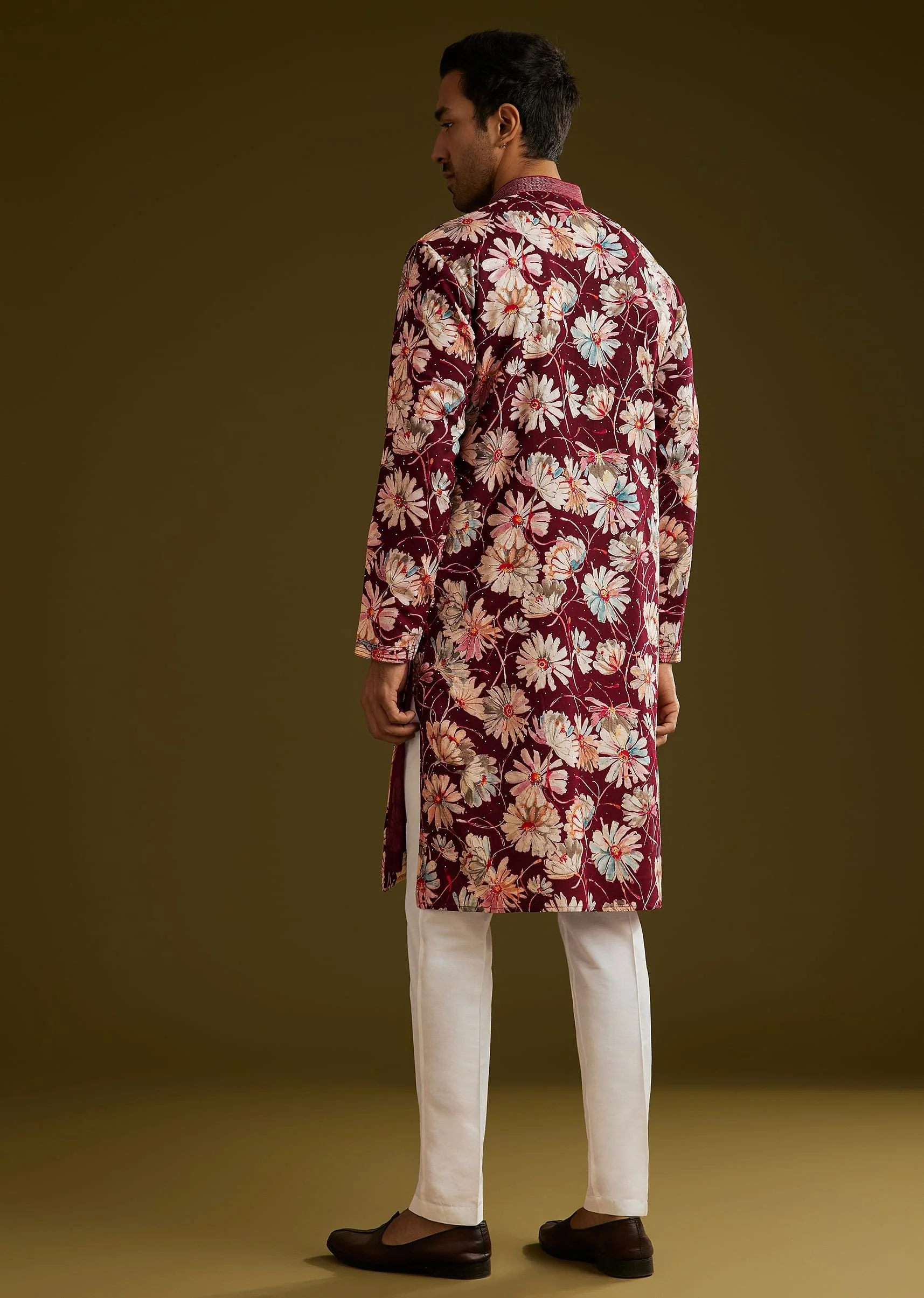 Wine Silk Floral Printed Kurta Set With Stone Work - Image 5