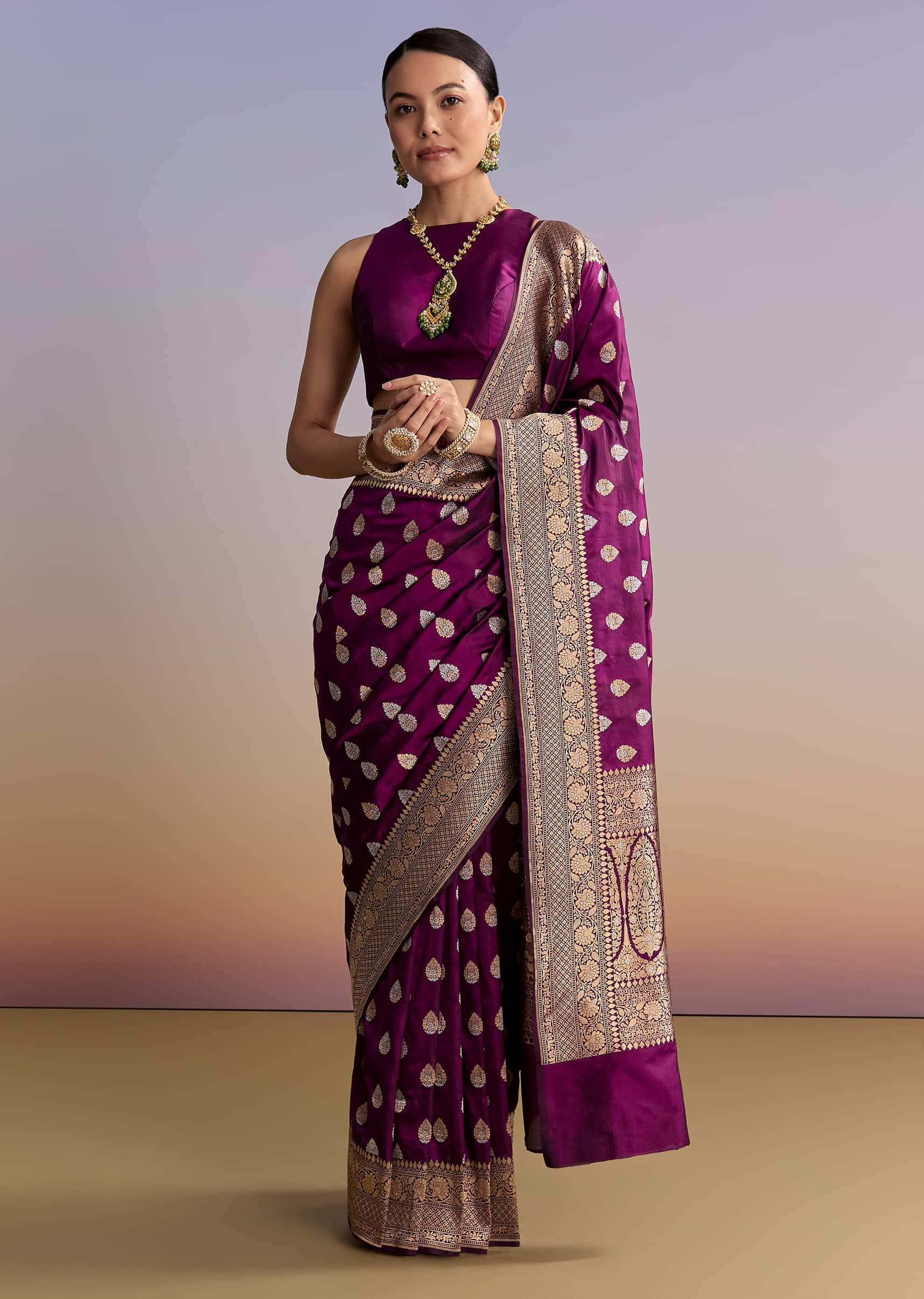 Wine Silk Handwoven Banarasi Saree With Zari Butti - Image 10