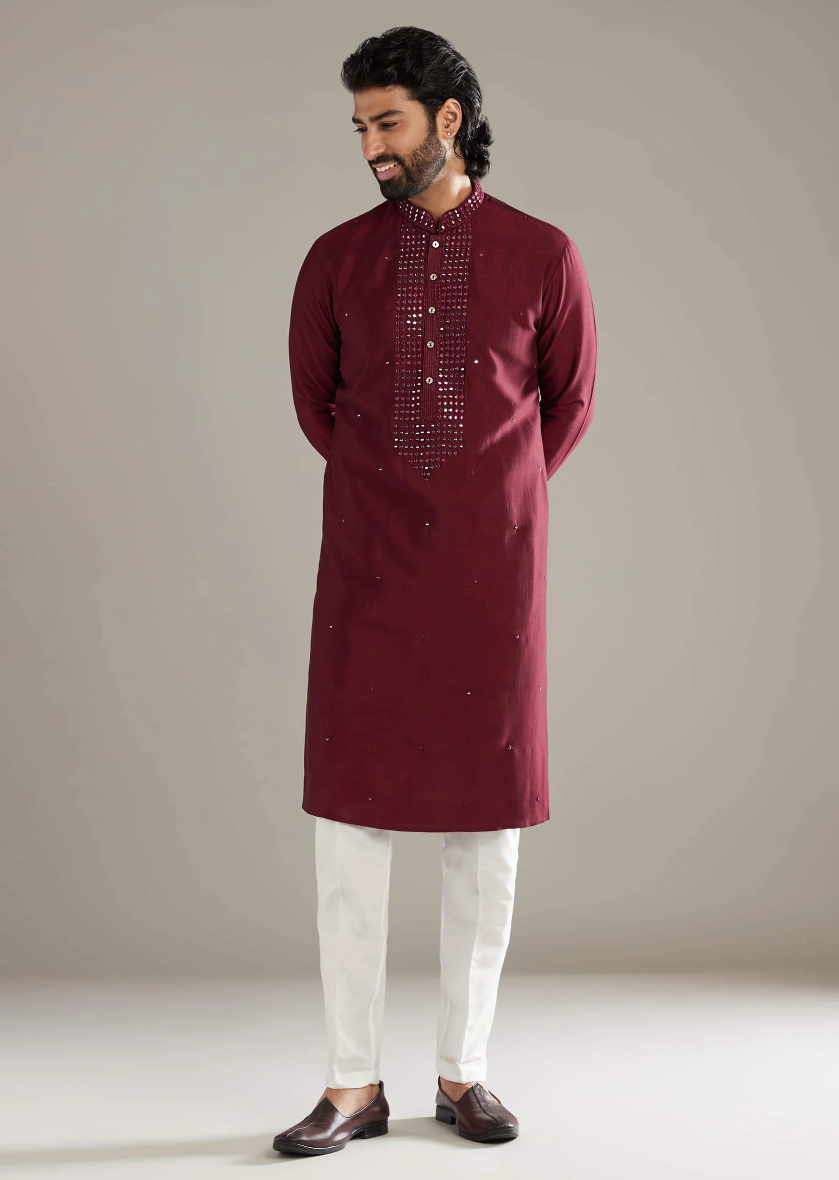 Wine Silk Kurta Set For Men With Mirror Work - Image 2