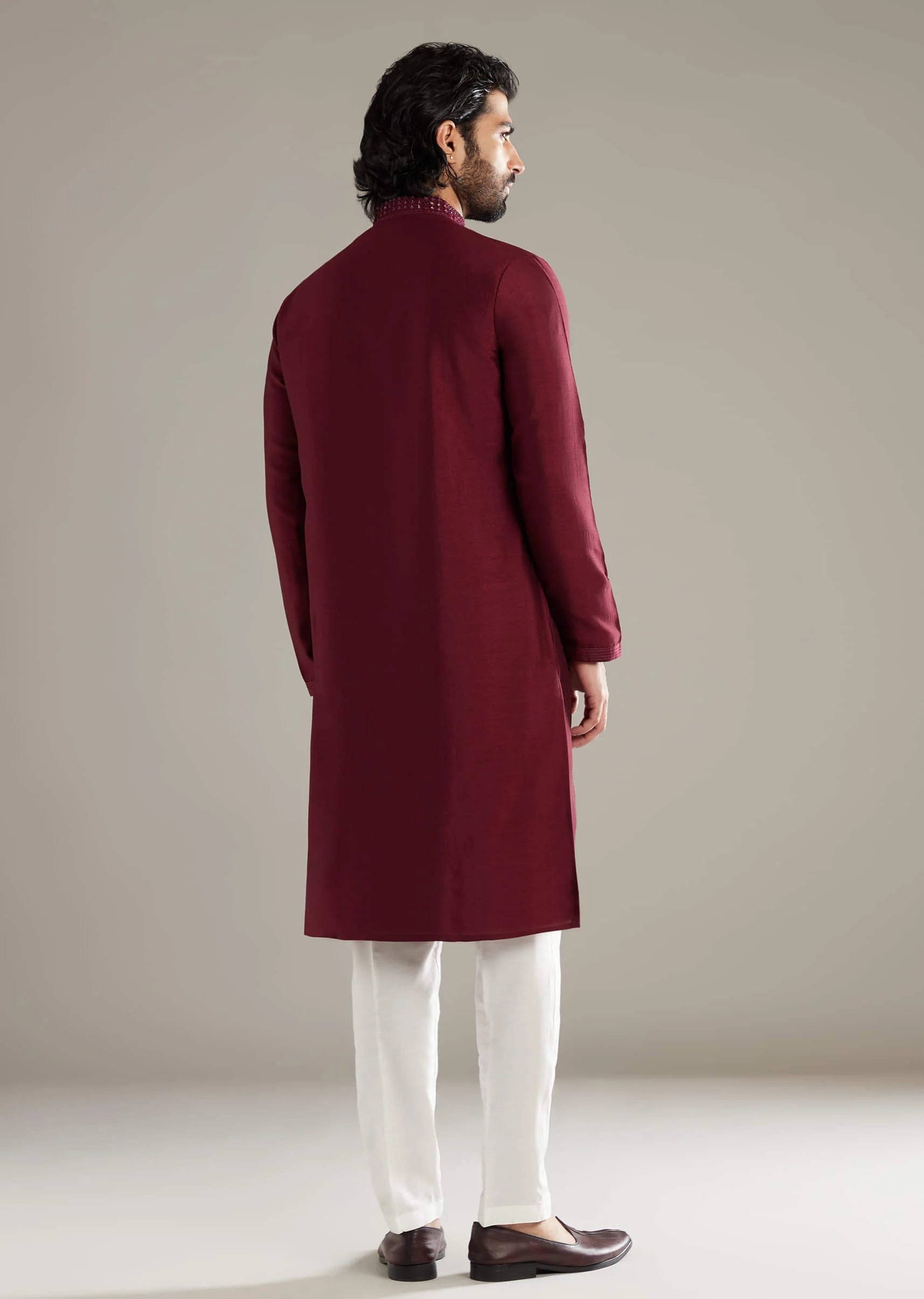 Wine Silk Kurta Set For Men With Mirror Work - Image 3