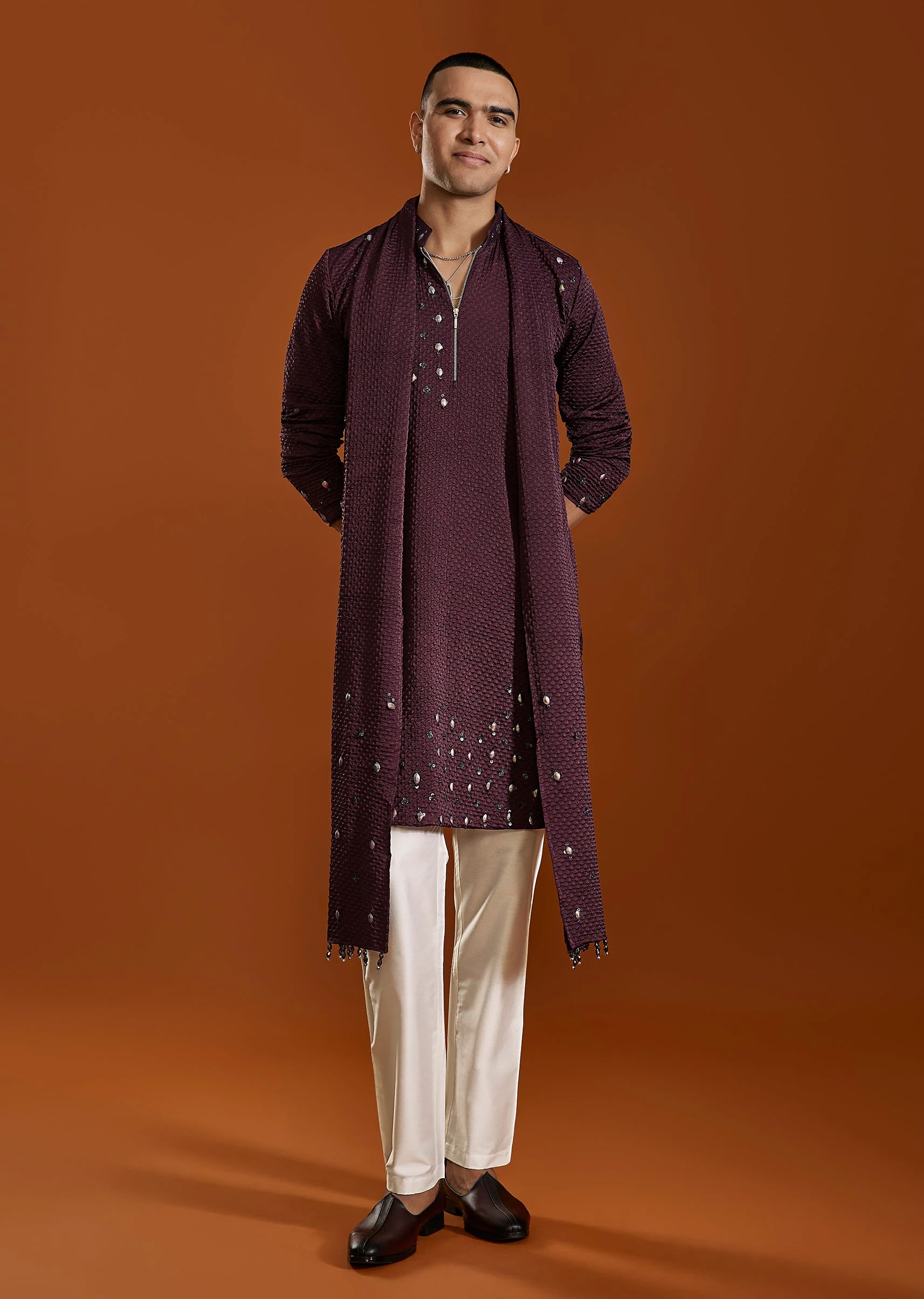 Wine Silk Kurta Set With Dupatta - Image 3