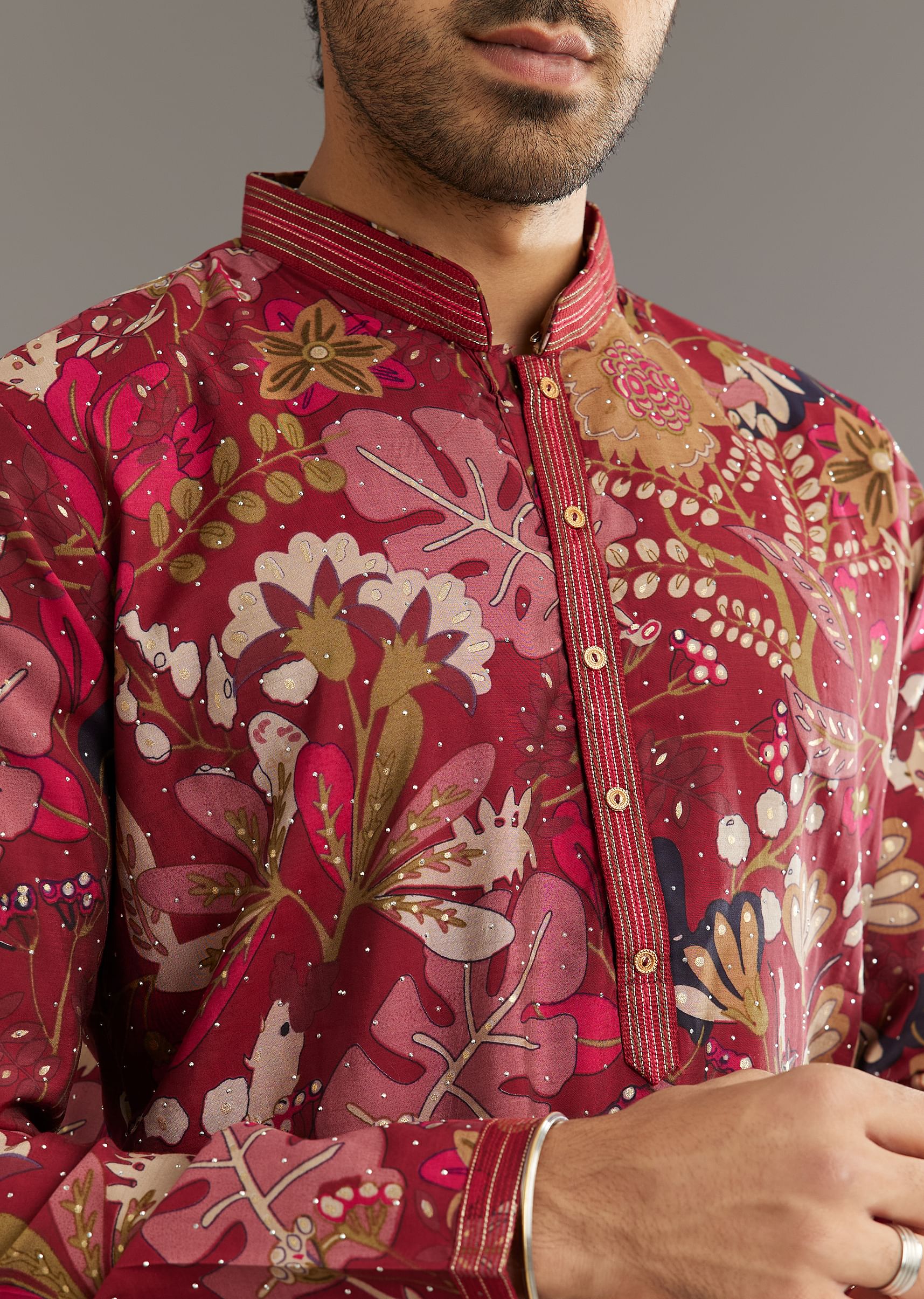 Wine Silk Kurta Set With Stone Embellishment - Image 2