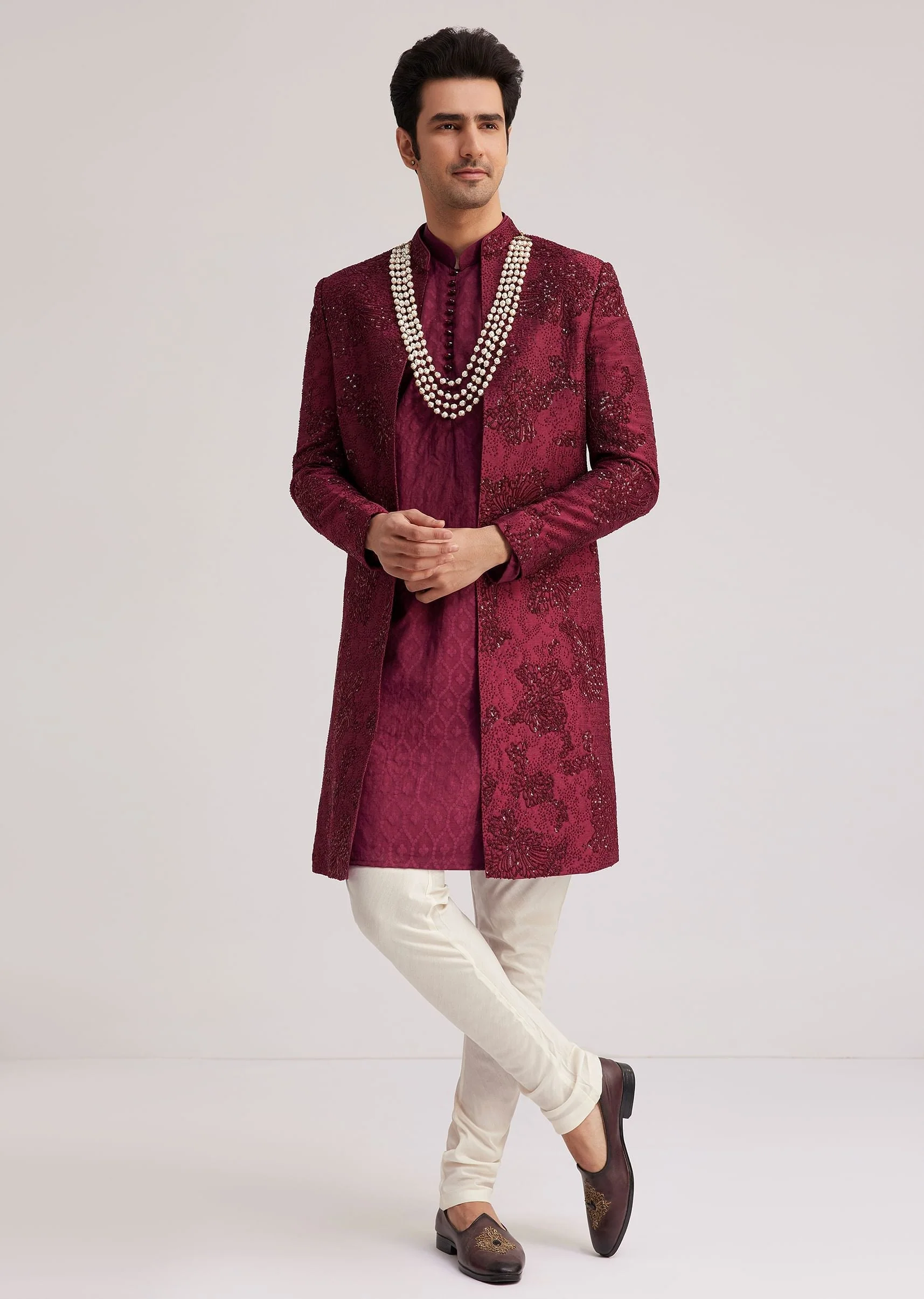 Wine Silk Open Sherwani Set With Zardosi Stone And Beads Work - Image 4