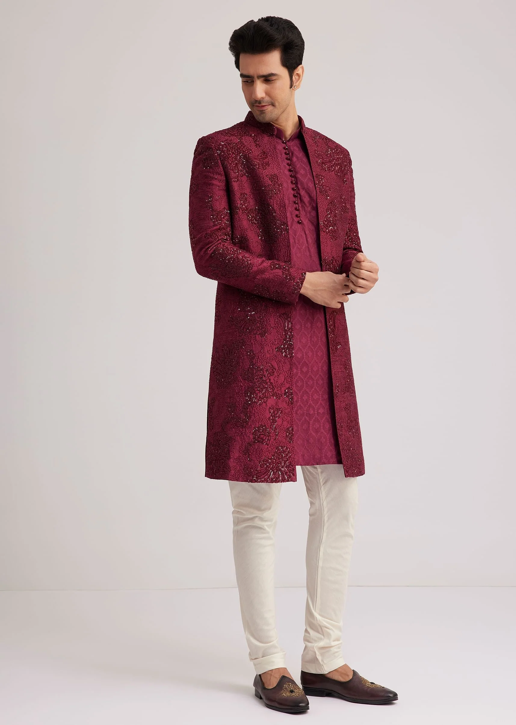 Wine Silk Open Sherwani Set With Zardosi Stone And Beads Work - Image 6