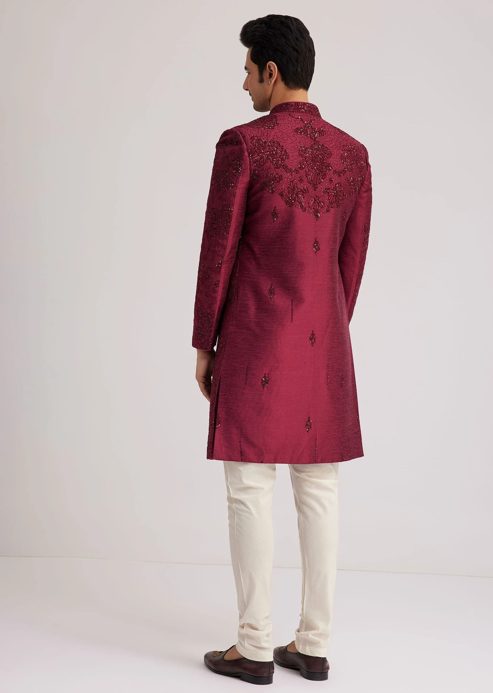 Wine Silk Open Sherwani Set With Zardosi Stone And Beads Work - Image 7