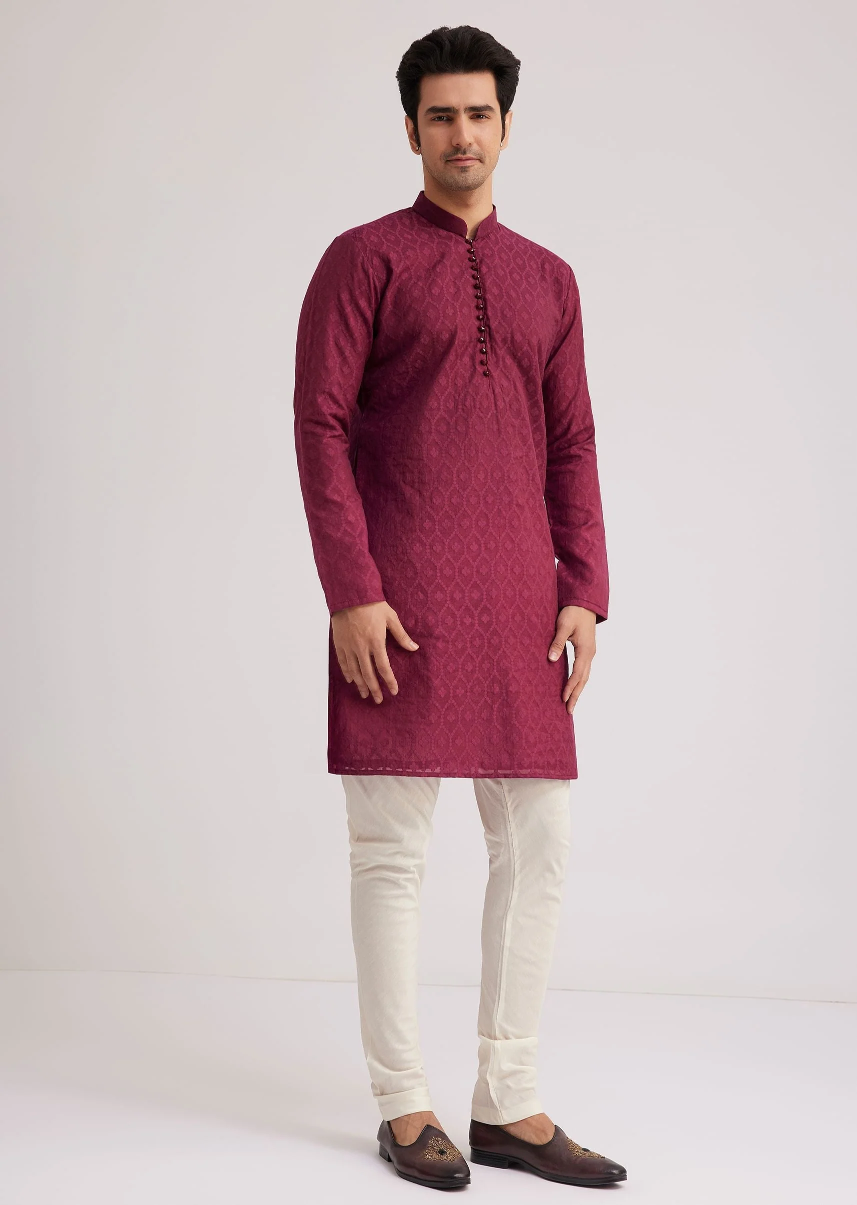 Wine Silk Open Sherwani Set With Zardosi Stone And Beads Work - Image 8