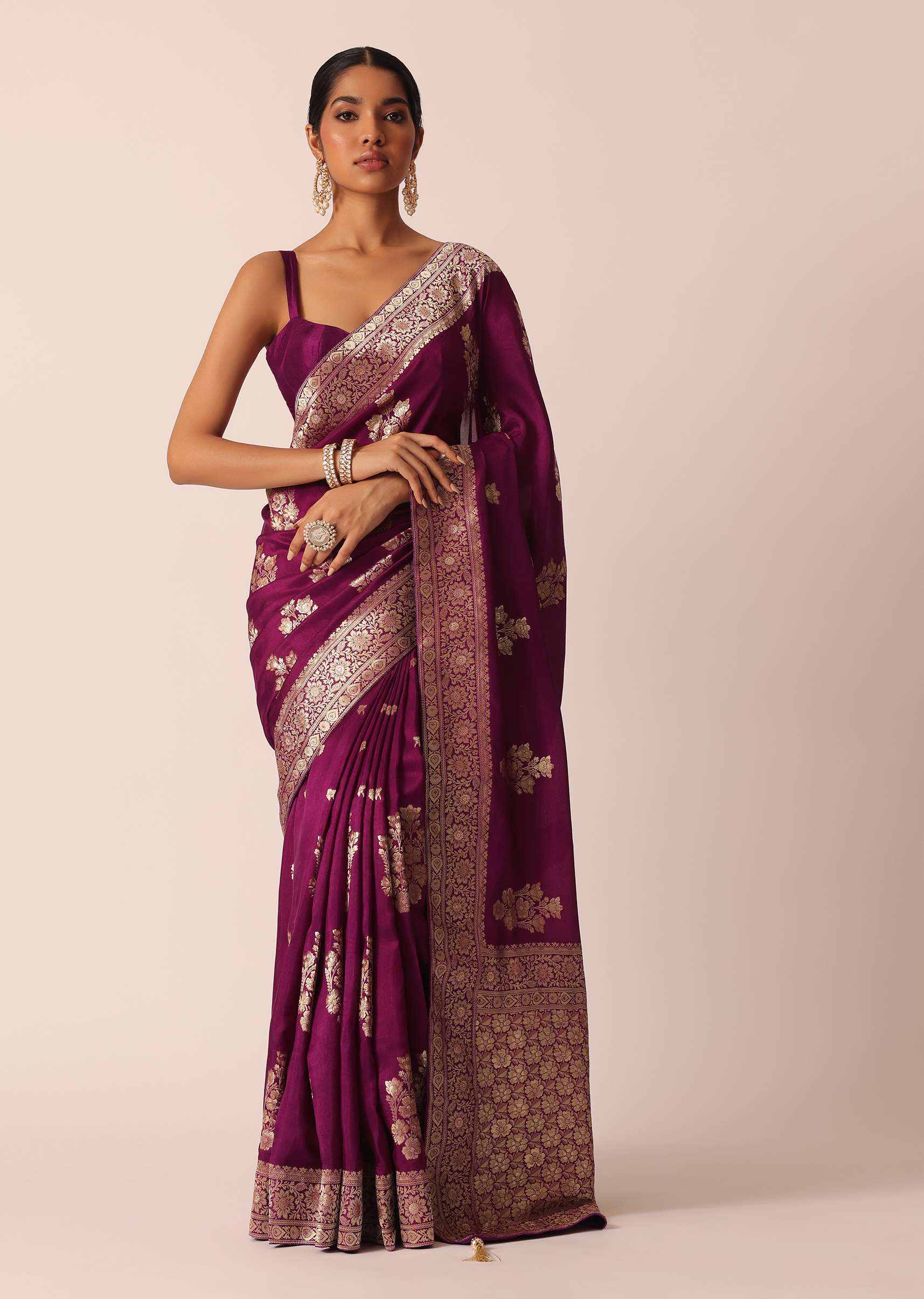 Wine Silk Saree with Butta Detail And Unstitched Blouse Piece - Image 2