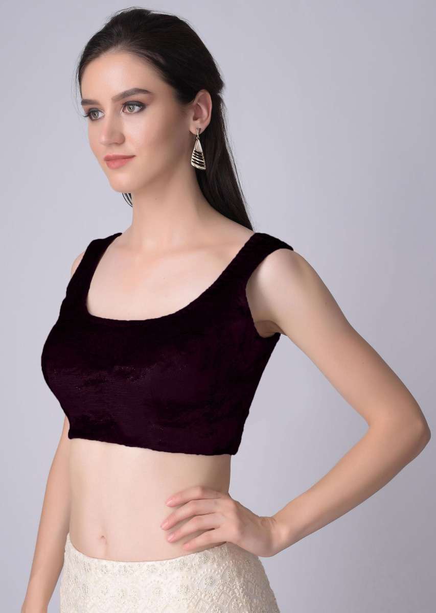 Wine Sleeveless Blouse In Velvet With U Neckline - Image 3