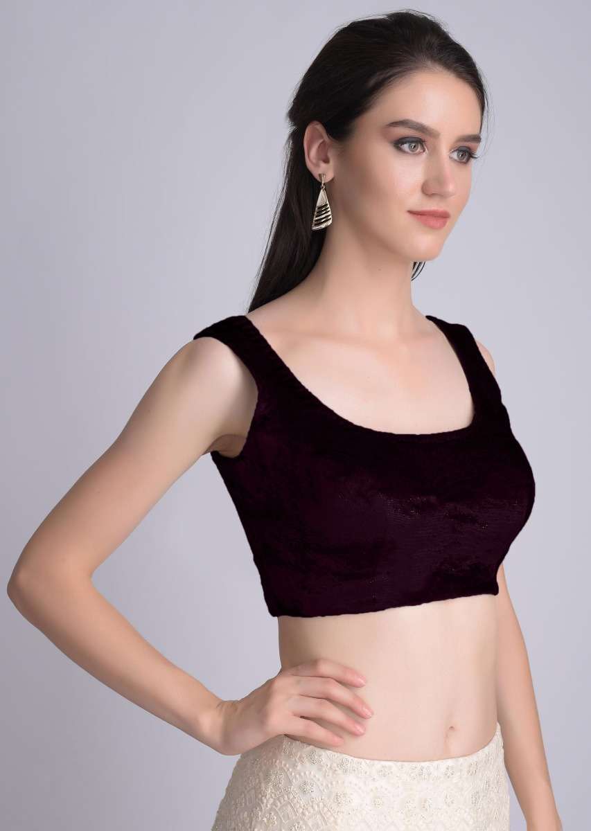 Wine Sleeveless Blouse In Velvet With U Neckline - Image 4