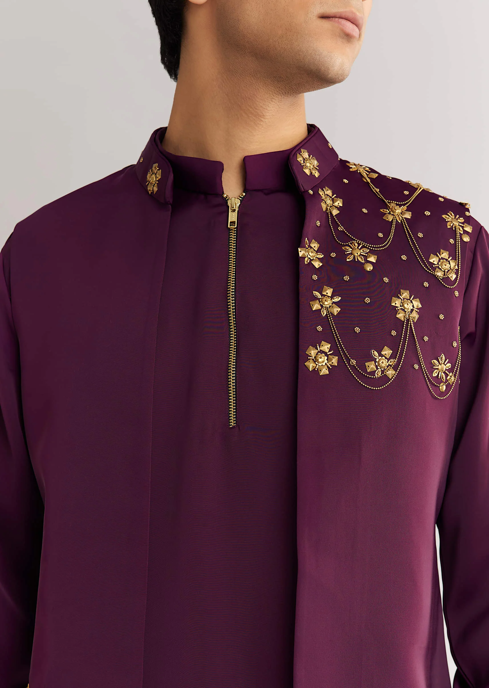Wine Suiting Jacket Kurta Set With Metal Accents - Image 3