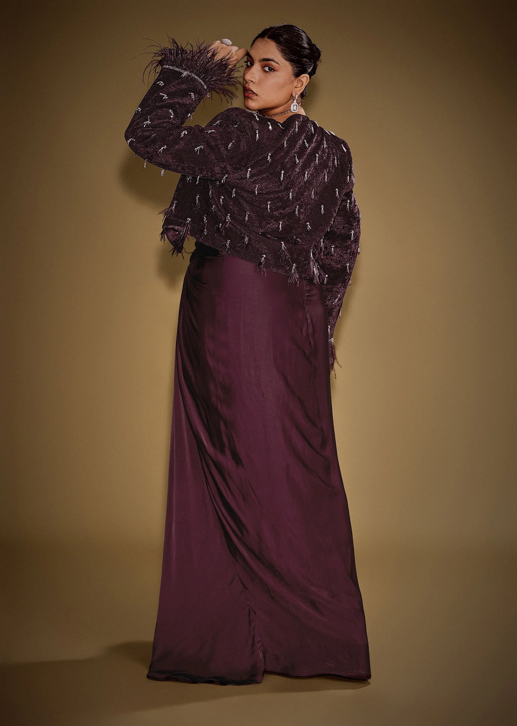 Wine Tassel Embroidered Blazer Set With Bustier And Drape Skirt - Image 5