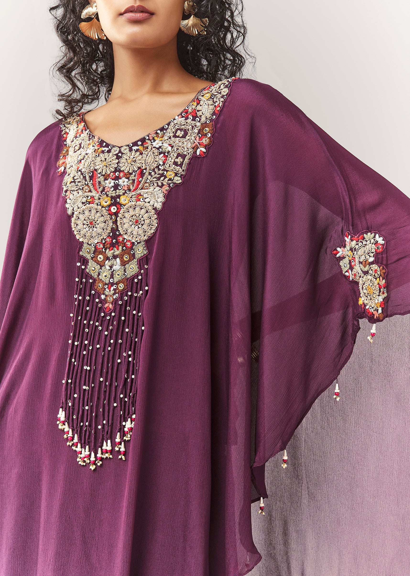 Wine Thread Work Cape Set With Palazzo - Image 2