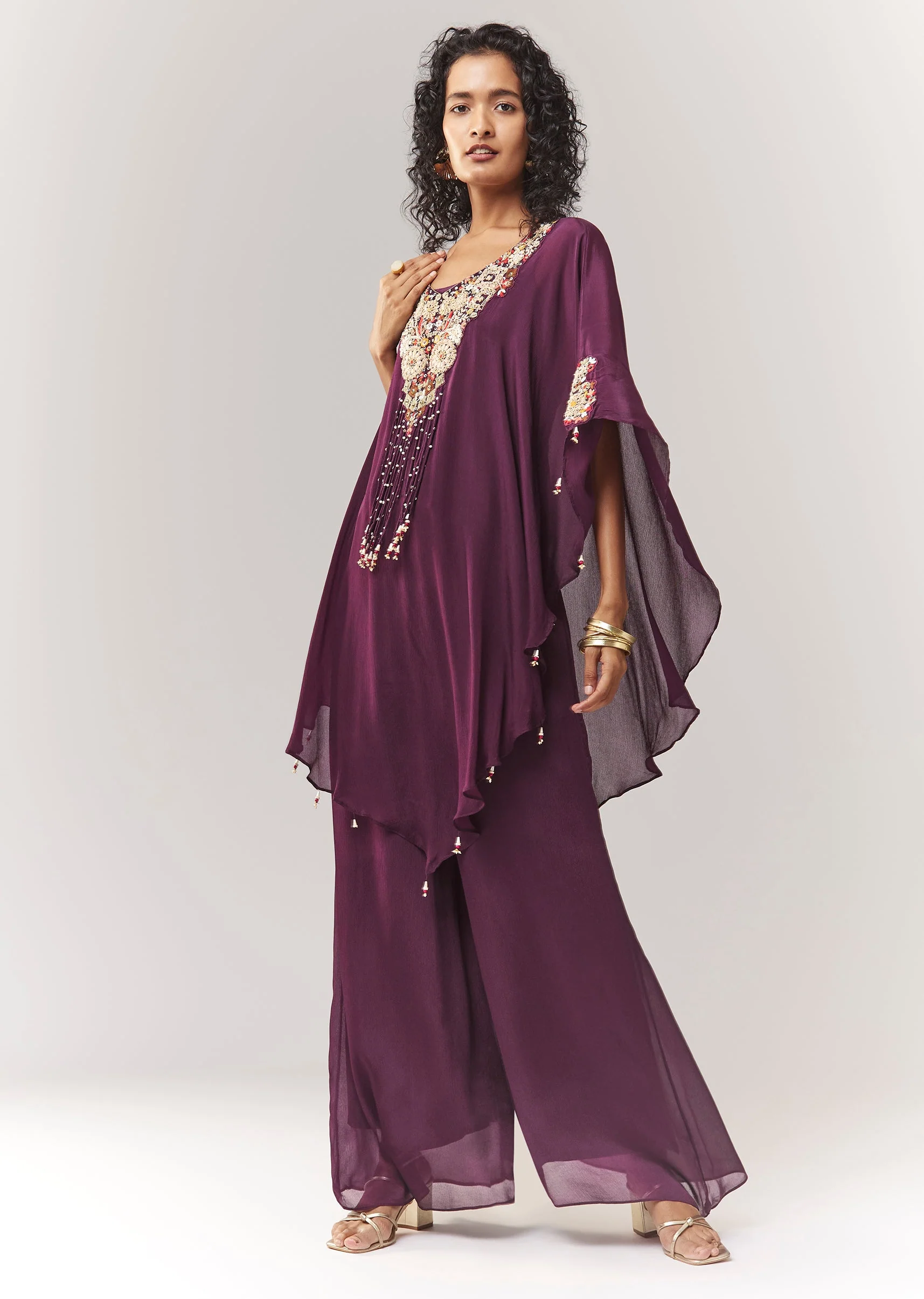 Wine Thread Work Cape Set With Palazzo - Image 3
